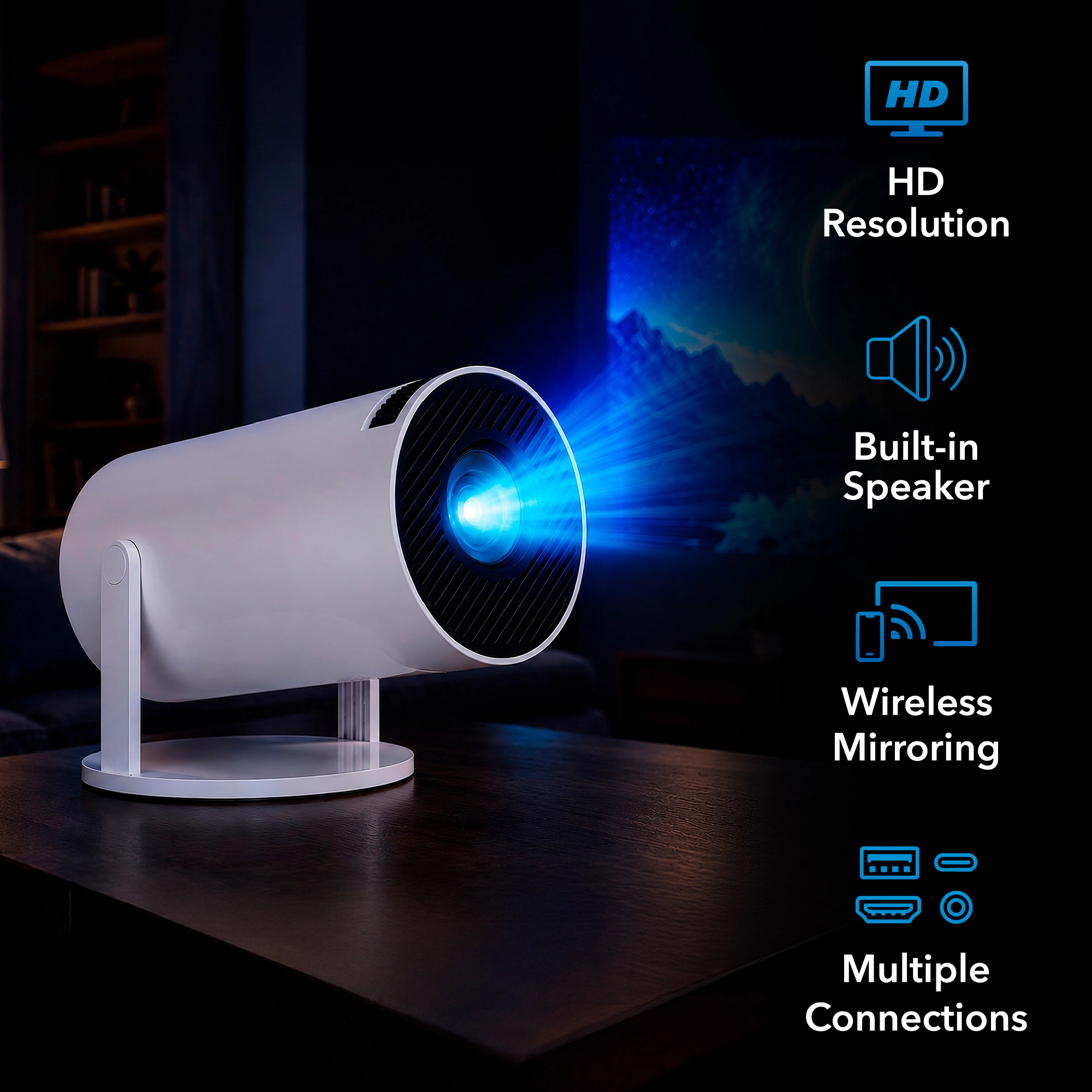 Pursonic Compact Smart LED Projector – HD 720P Portable Projector with Wireless Screen Mirroring