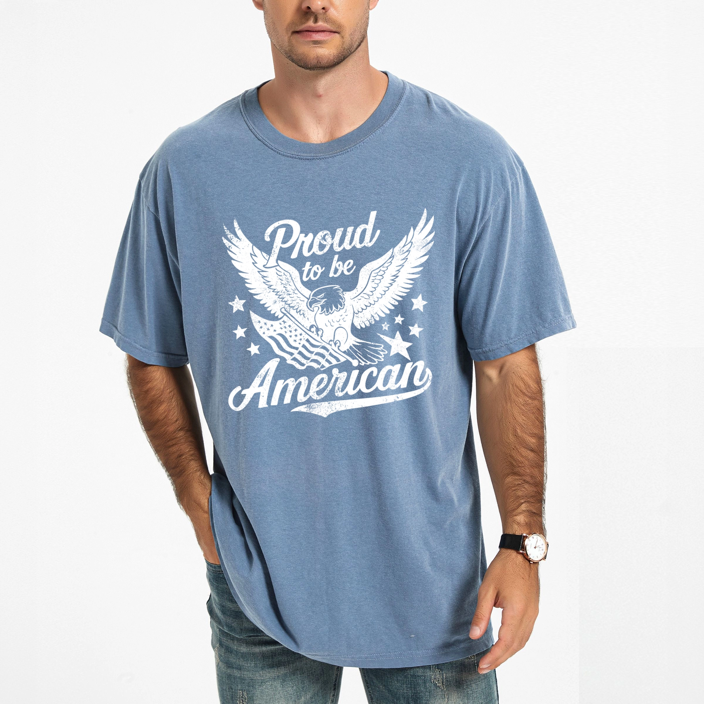 Simply Sage Market - Proud To Be American Distressed Eagle Men's Garment Dyed Graphic T-shirt