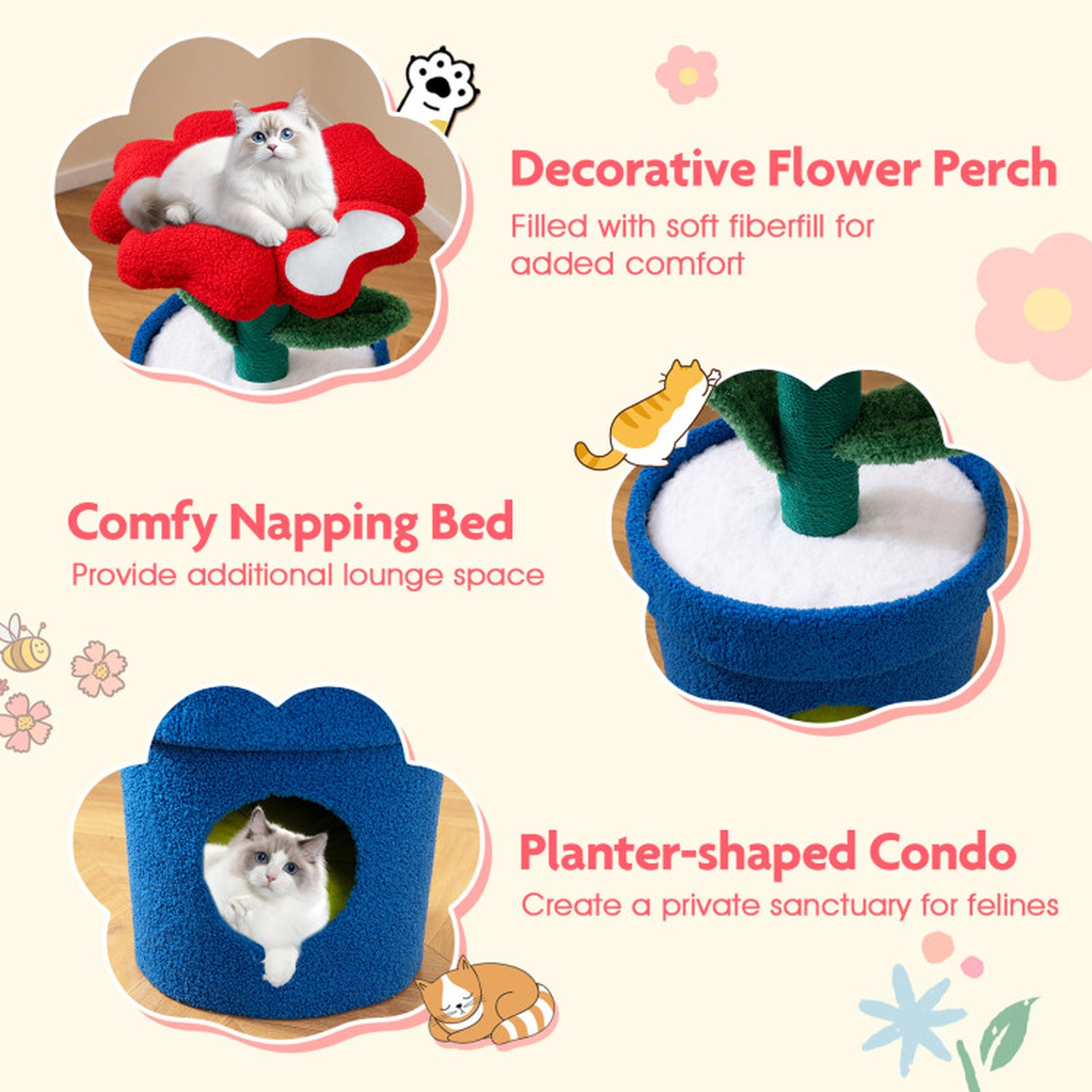 SUGIFT 28.5-in Flower-Shaped Compact Cat Tree Tower with Planter Condo Jute Posts and Leaf Toys