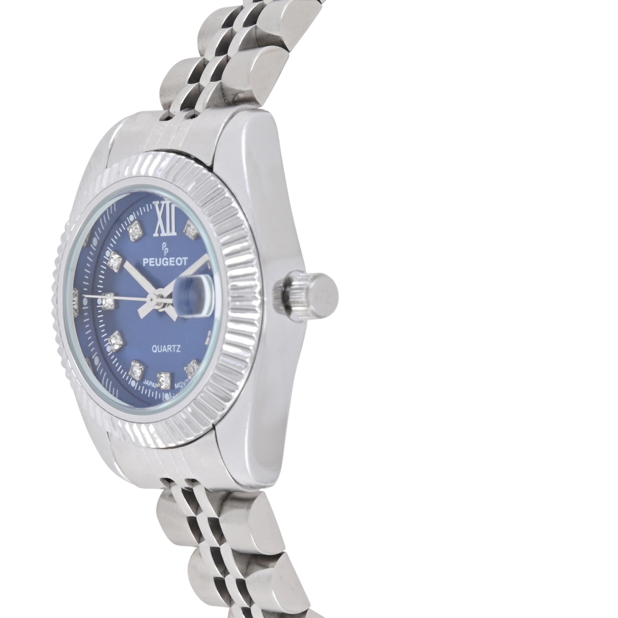 Peugeot Women's Silver-Tone 25mm Fluted Bezel Steel Bracelet Watch with Blue Dial