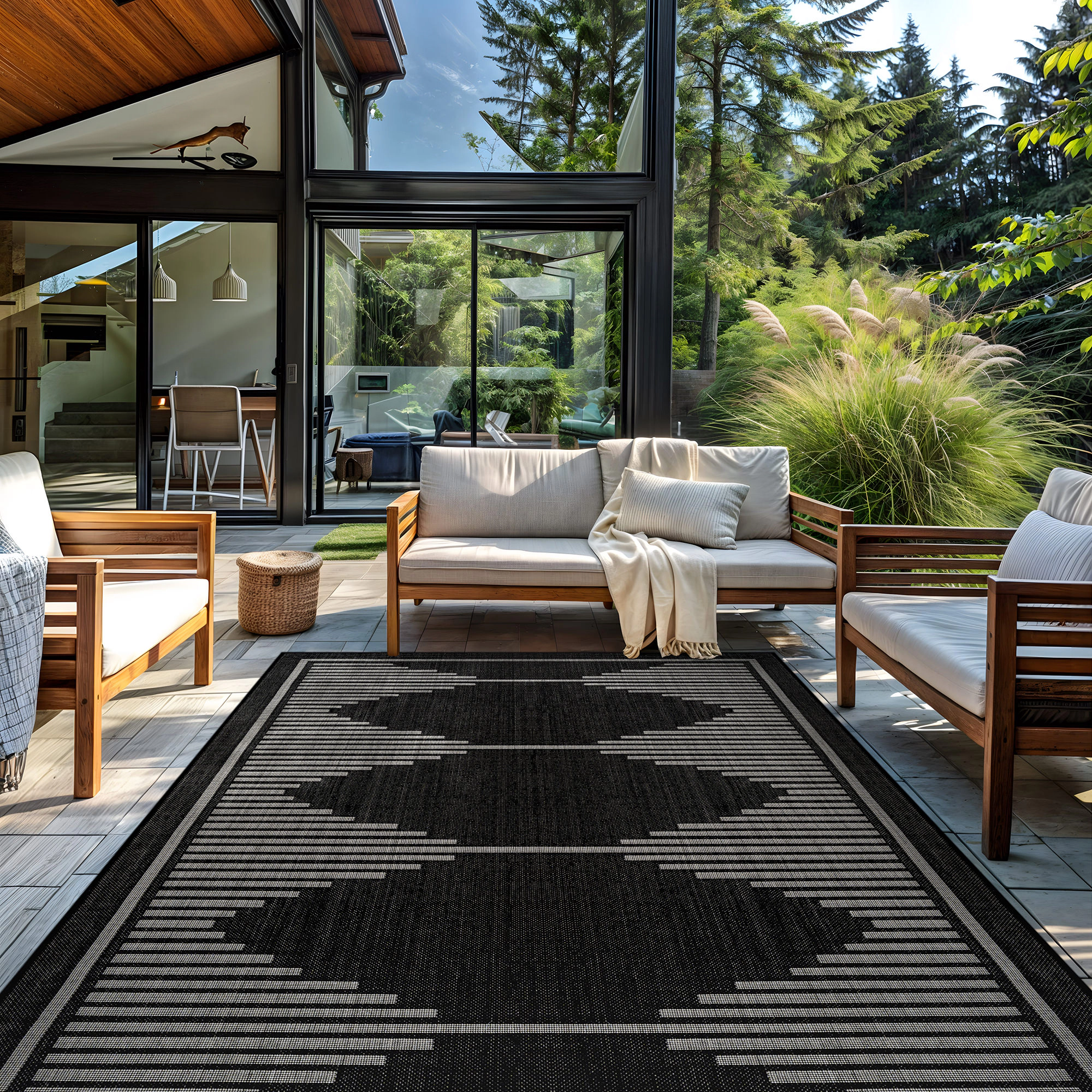 World Rug Gallery Geometric Indoor/Outdoor Flat Woven Area - Natural Jute-Style Patio for Backyard Porch Deck