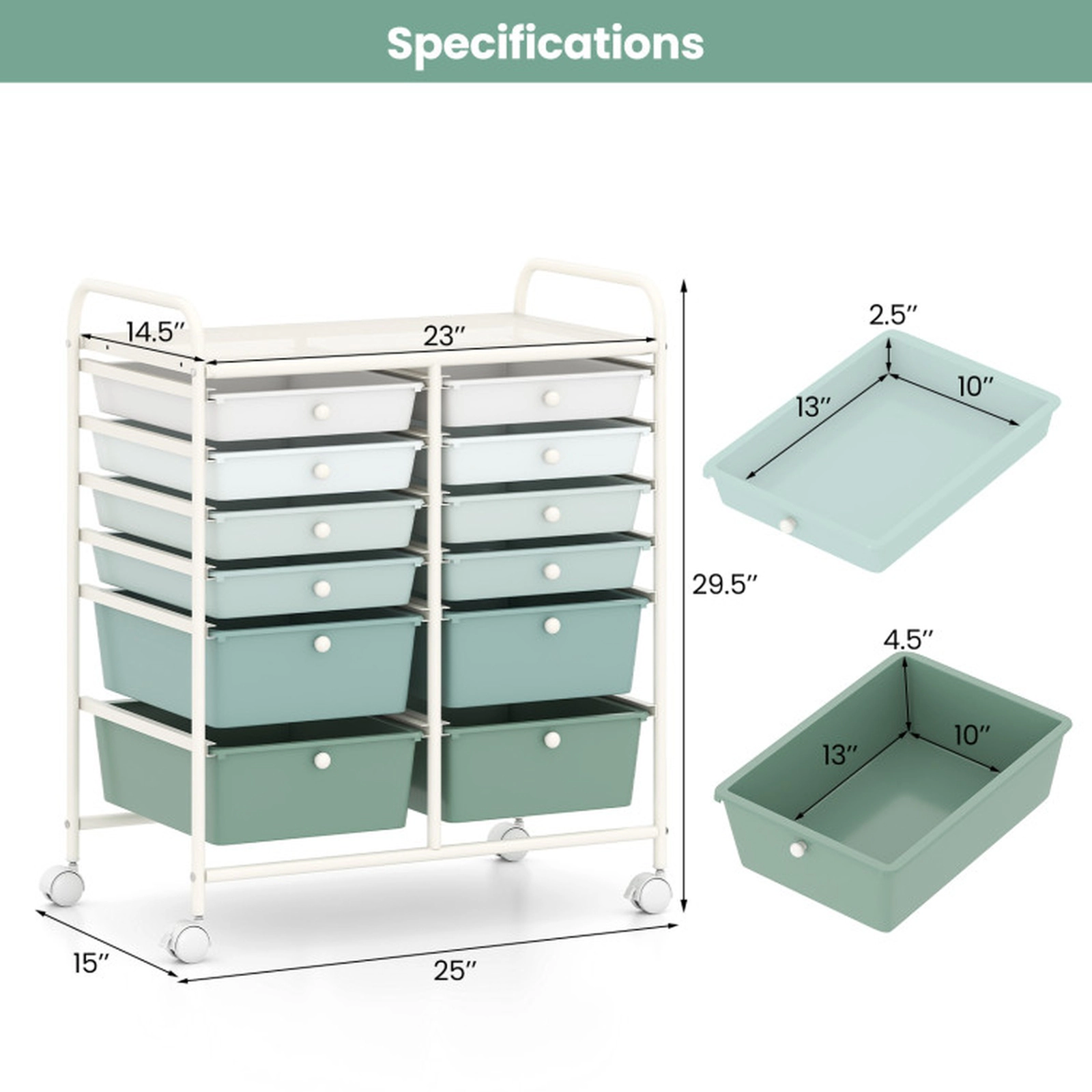 SUGIFT Green Gradient 12-Drawer Rolling Storage Cart with Removable Drawers and Reinforced Metal Frame
