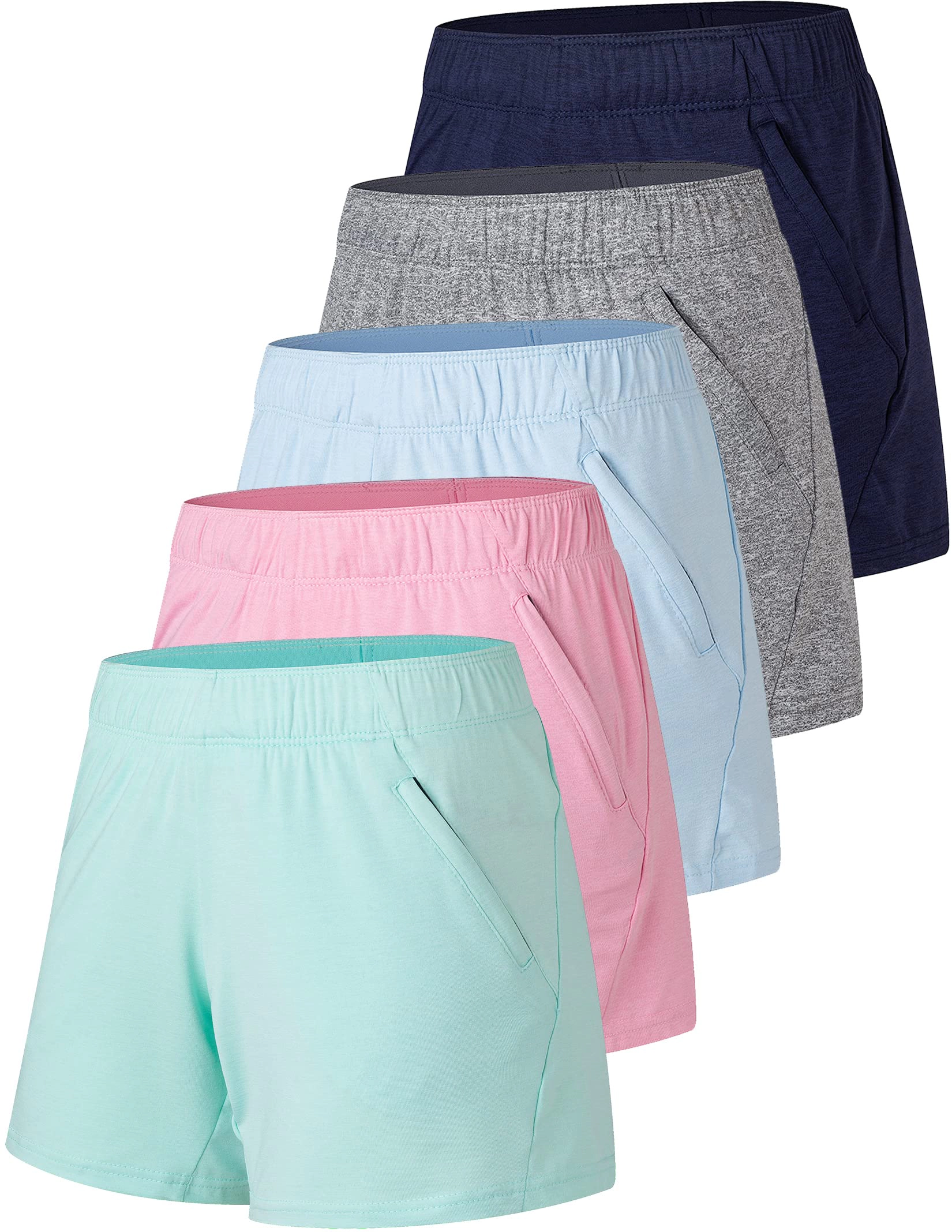 PIGFDK Womens Athletic Shorts 5 Pack Zipper Pockets Stretch Waistband Lounge Workout Wear