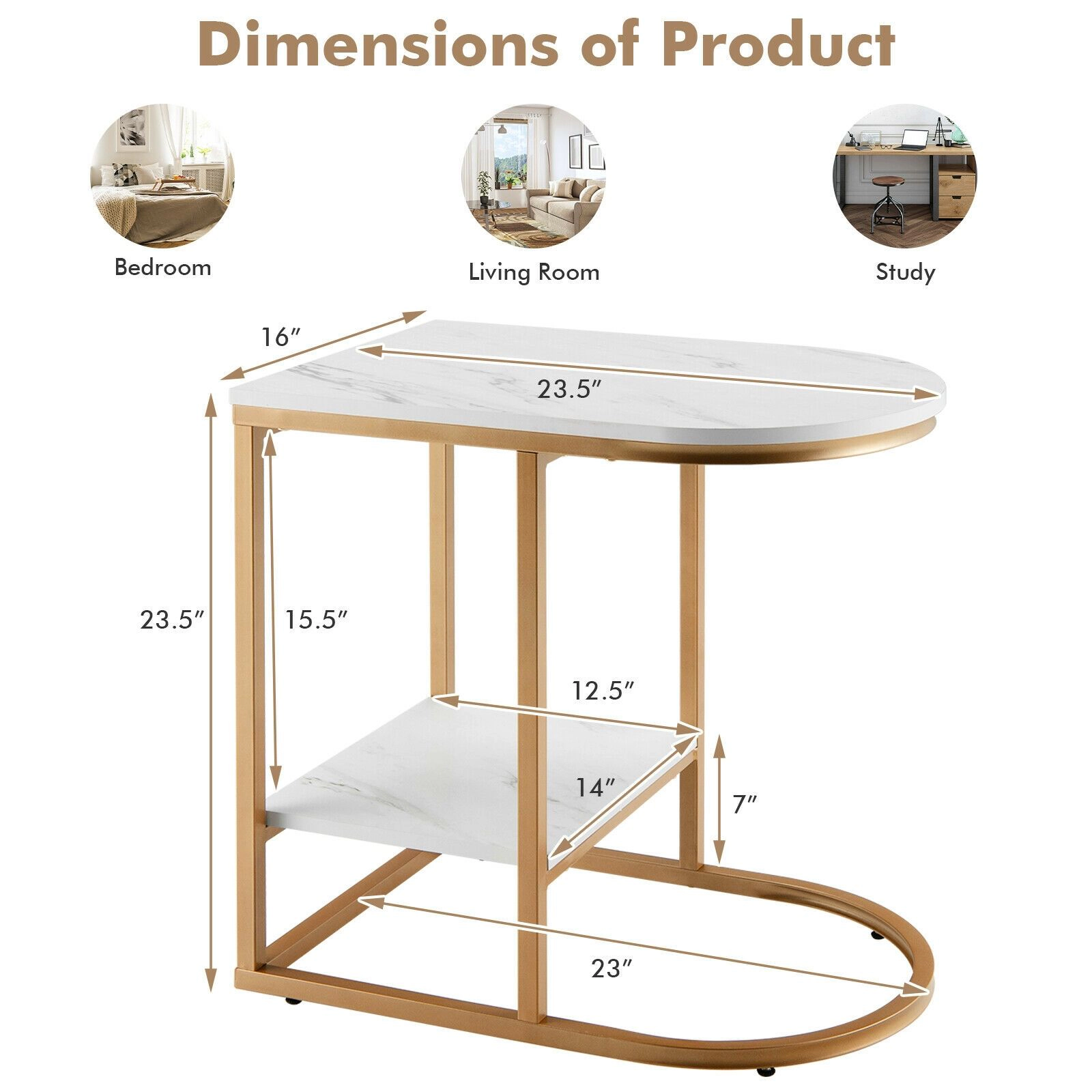 SlickBlue C Shape Side Table with Marble Top and Storage Shelf