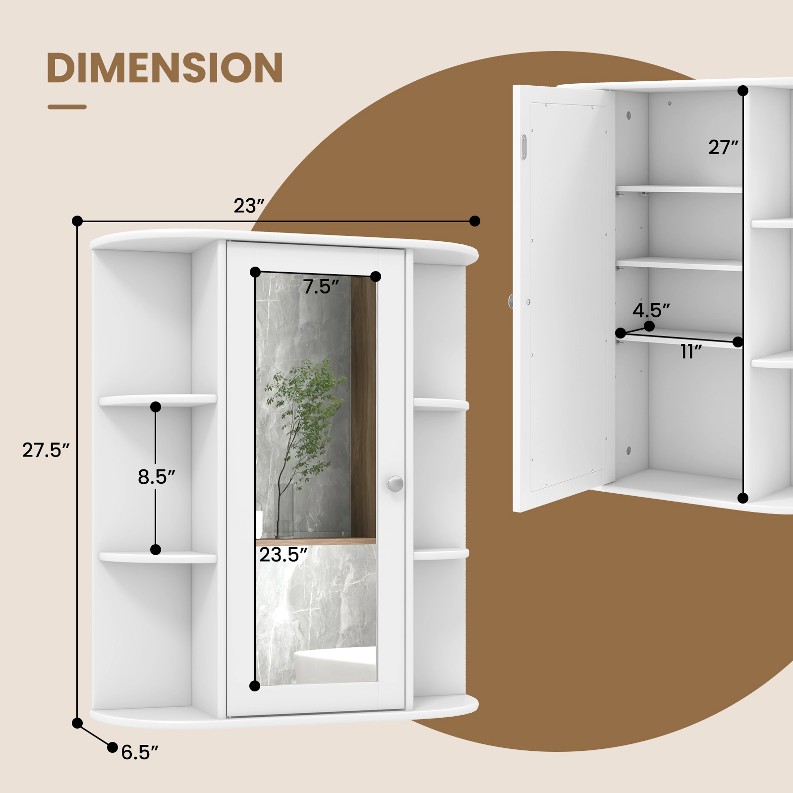 SUGIFT Mirror Door 3 Adjustable Tiers 6 Open Shelves Bathroom Medicine Cabinet 23-in x 6.5-in x 27.5-in 80-lb White