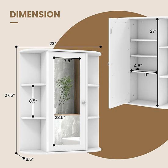 SUGIFT Mirror Door 3 Adjustable Tiers 6 Open Shelves Bathroom Medicine Cabinet 23-in x 6.5-in x 27.5-in 80-lb White