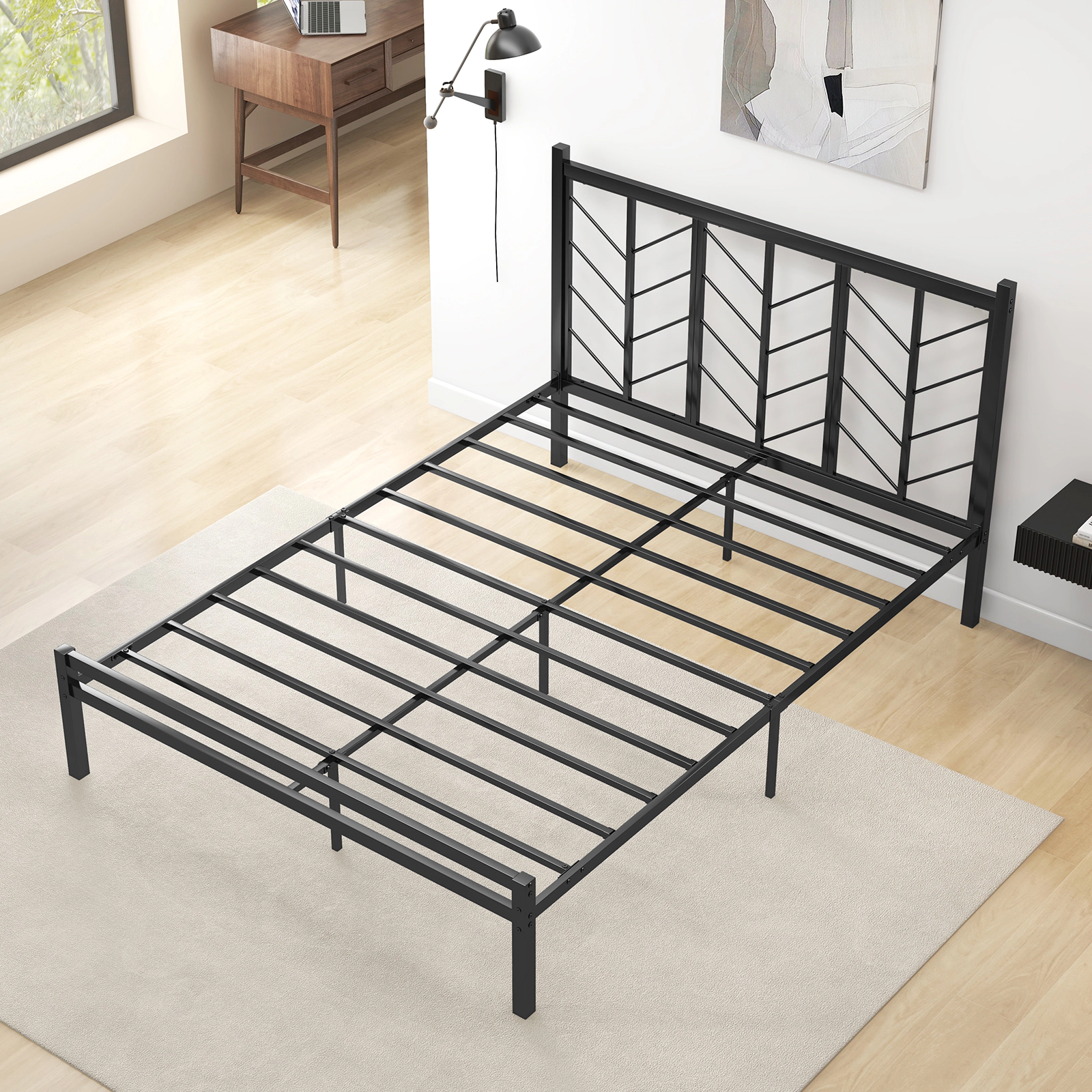 SUGIFT Metal Platform Bed Frame Branch Headboard Queen Size 800-lb Capacity 83-in Length 11.5-in Under-Bed Space Black
