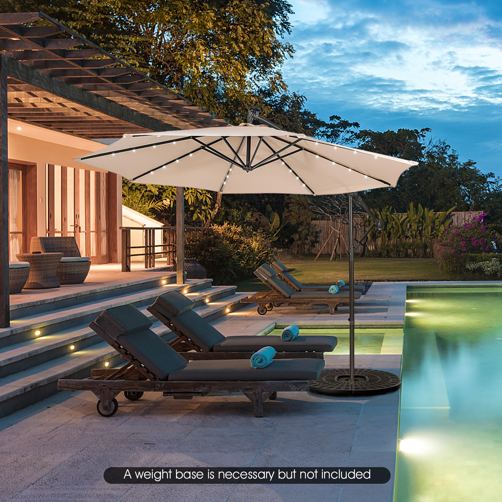 SUGIFT 10-ft Solar Powered Cantilever Patio Umbrella with Crank Tilting System and 39 x 39 x 2 in Crossed Base Beige