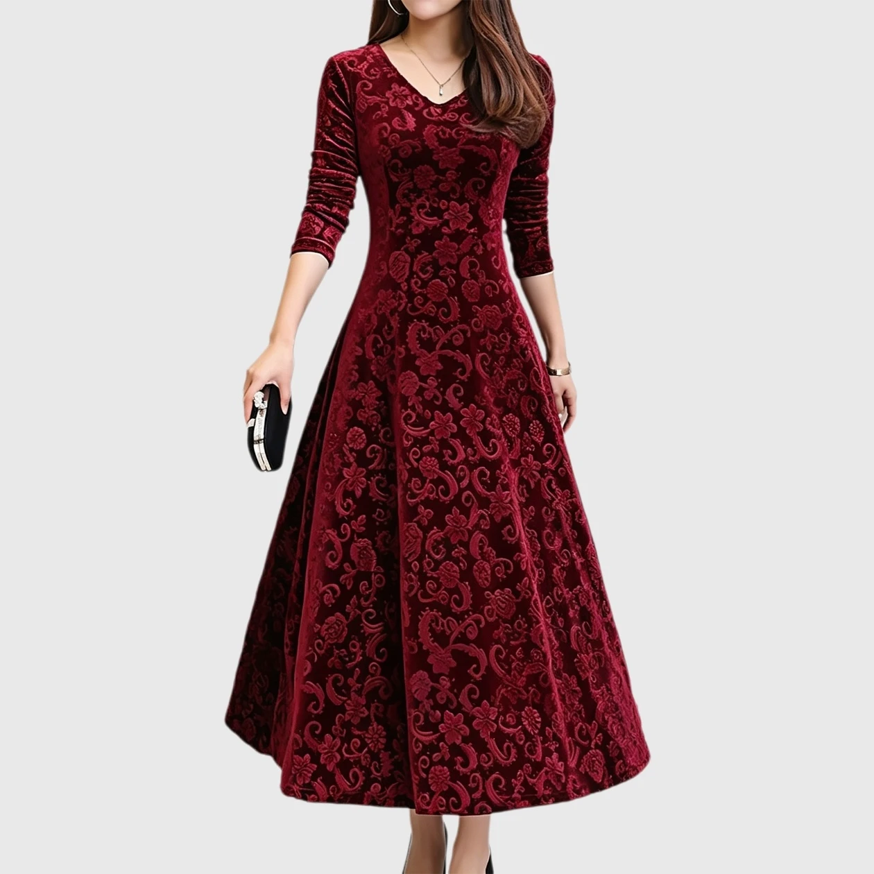 YesFashion Women Long Sleeve Velvet Maxi Dress V-Neck High Waist Flowy Floral Print