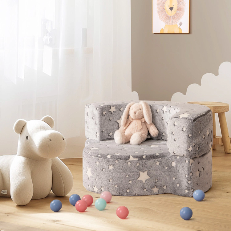 Hivvago 2-In-1 Toddler Chair Glow In The Dark Kids Couch With Cover Convertible Sofa-Gray