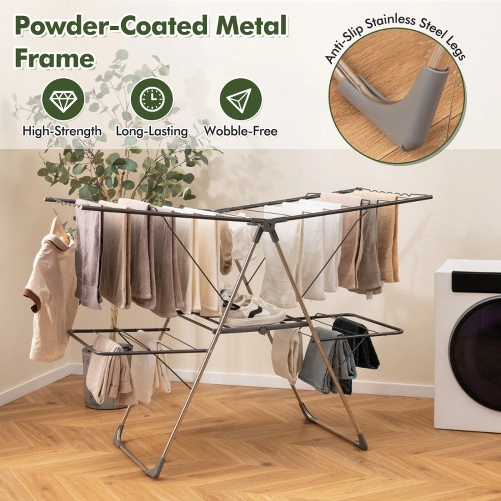 SUGIFT 2-Tier 33 Drying Rails 5-Position Gullwings Folding Laundry Rack 55.5-in Long 77-lb Capacity Silver