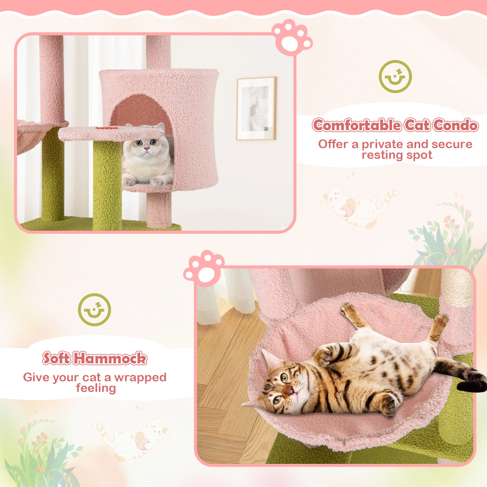 Glintex 58-Inch Floral Cat Tower with Quarter-Circle Platform Hammock and Sisal Board, Pink