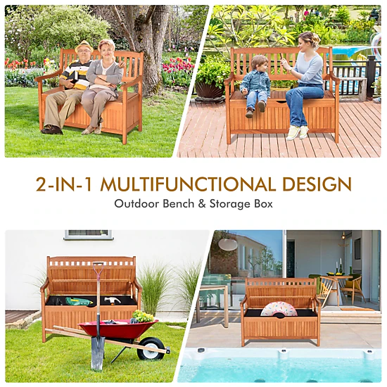 SUGIFT 33 Gallon Wooden Storage Bench Eucalyptus Deck Box with Liner for Patio and Porch