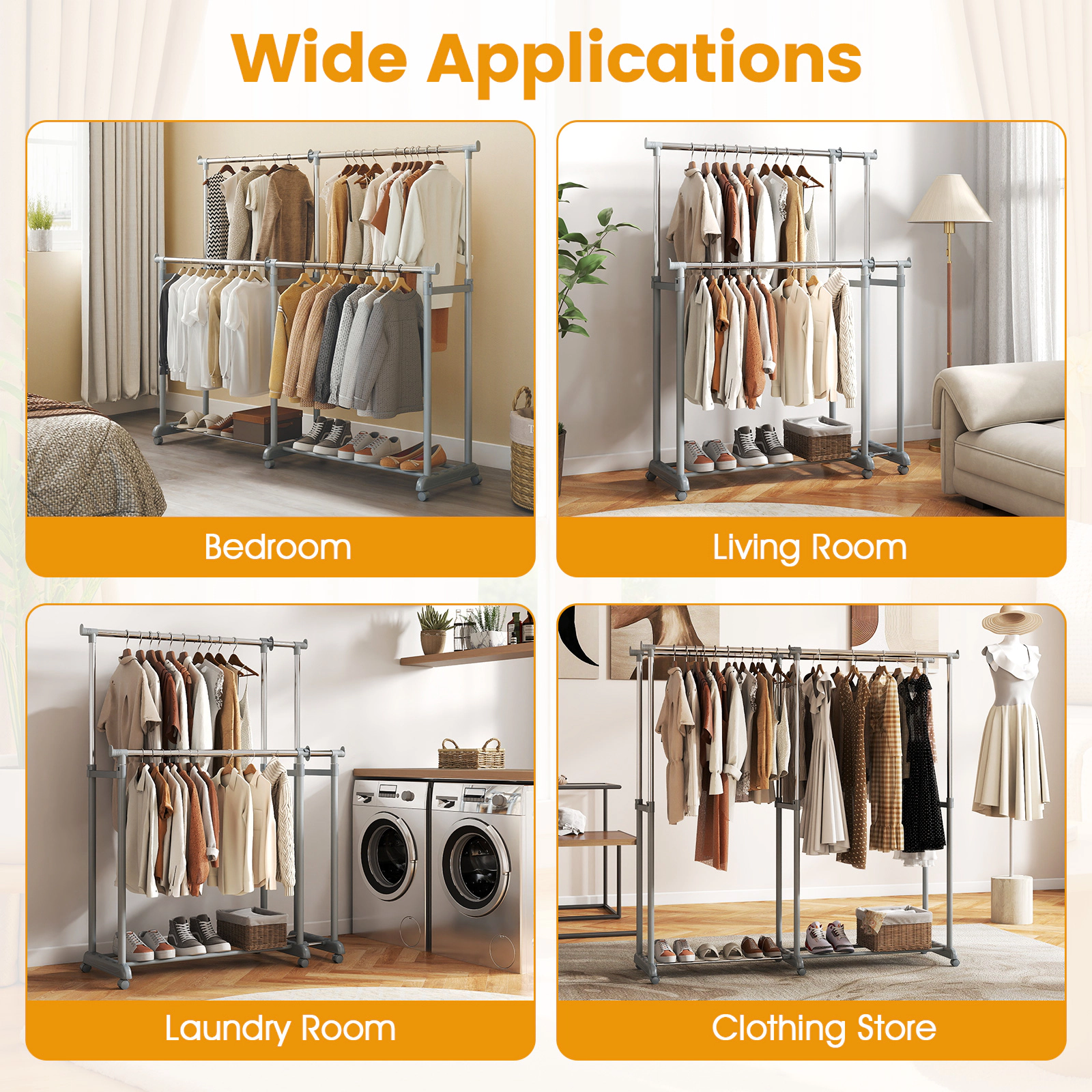 Glintex Extendable Double-Rod Clothes Rack with 6 Casters and Safety Locks, Silver