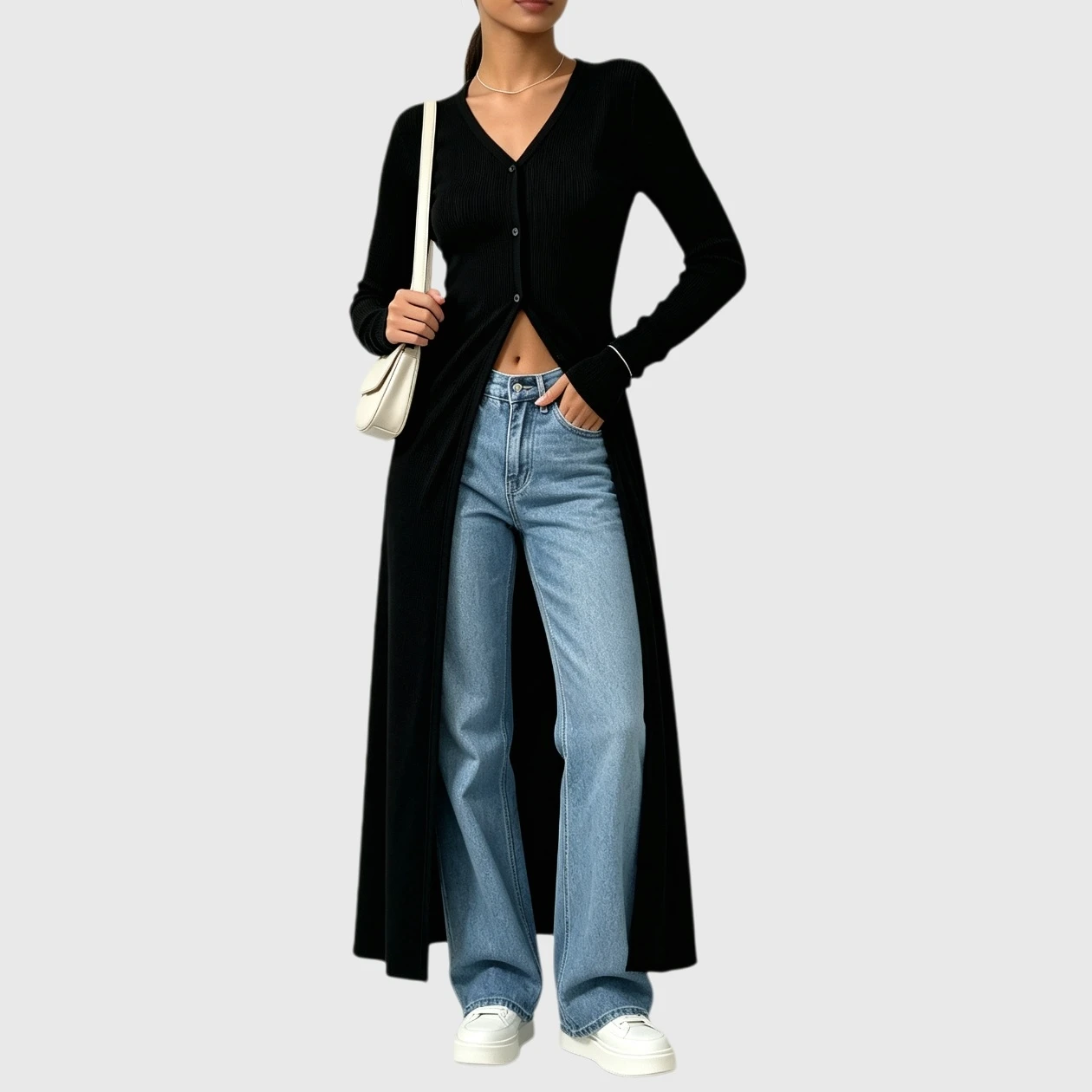 YesFashion Women's V Neck Button Down Long Cardigan Casual Ribbed Knit Slit Sweater Outfits