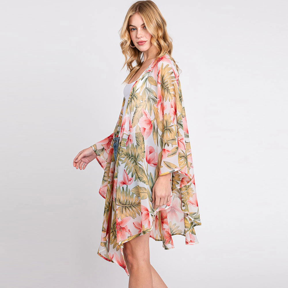 TRUEDAMES Women Tropical Leaves Print Shawl Cover-Up Kimono Poncho