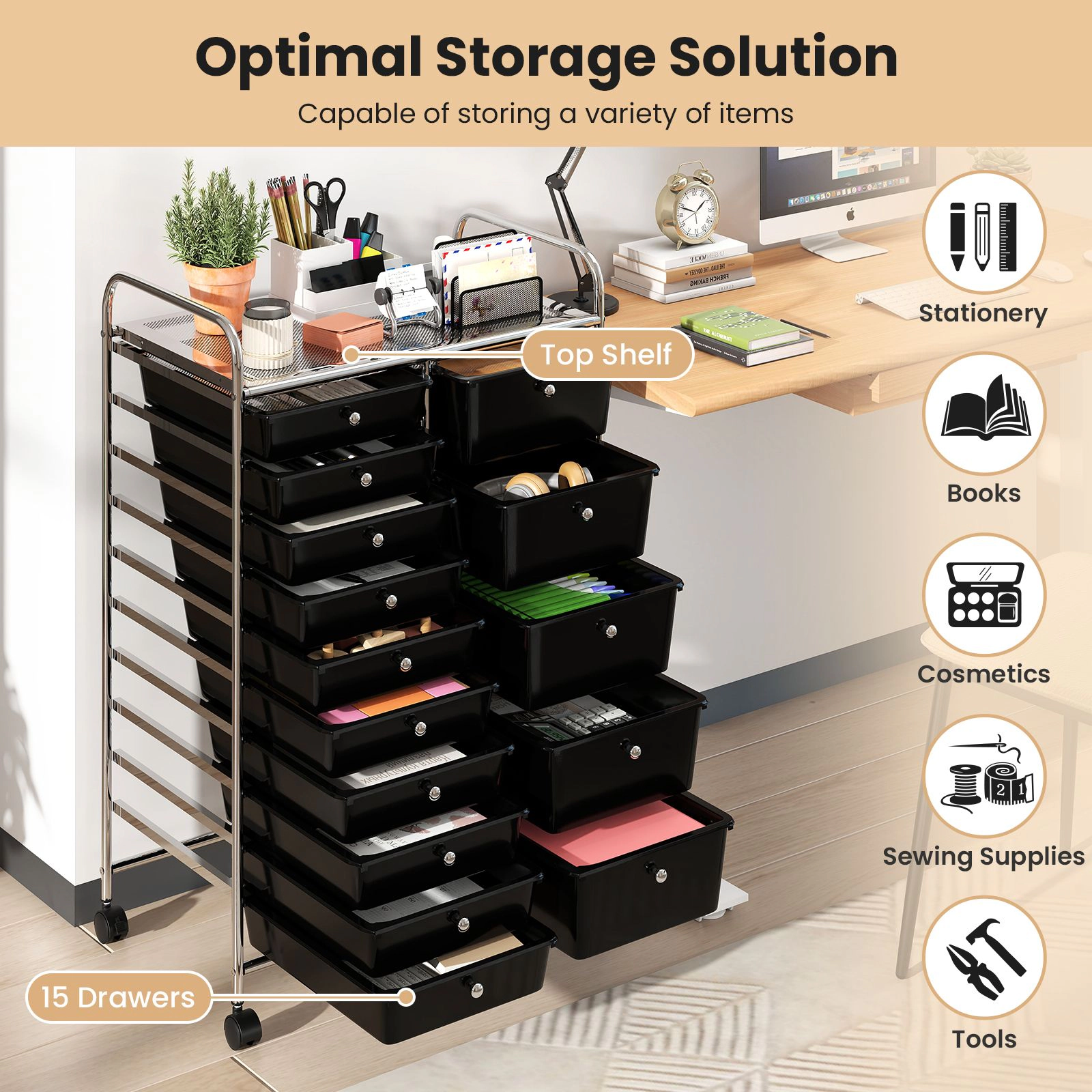 SlickBlue Rolling Storage Organizer Cart, 15 Removable Drawers