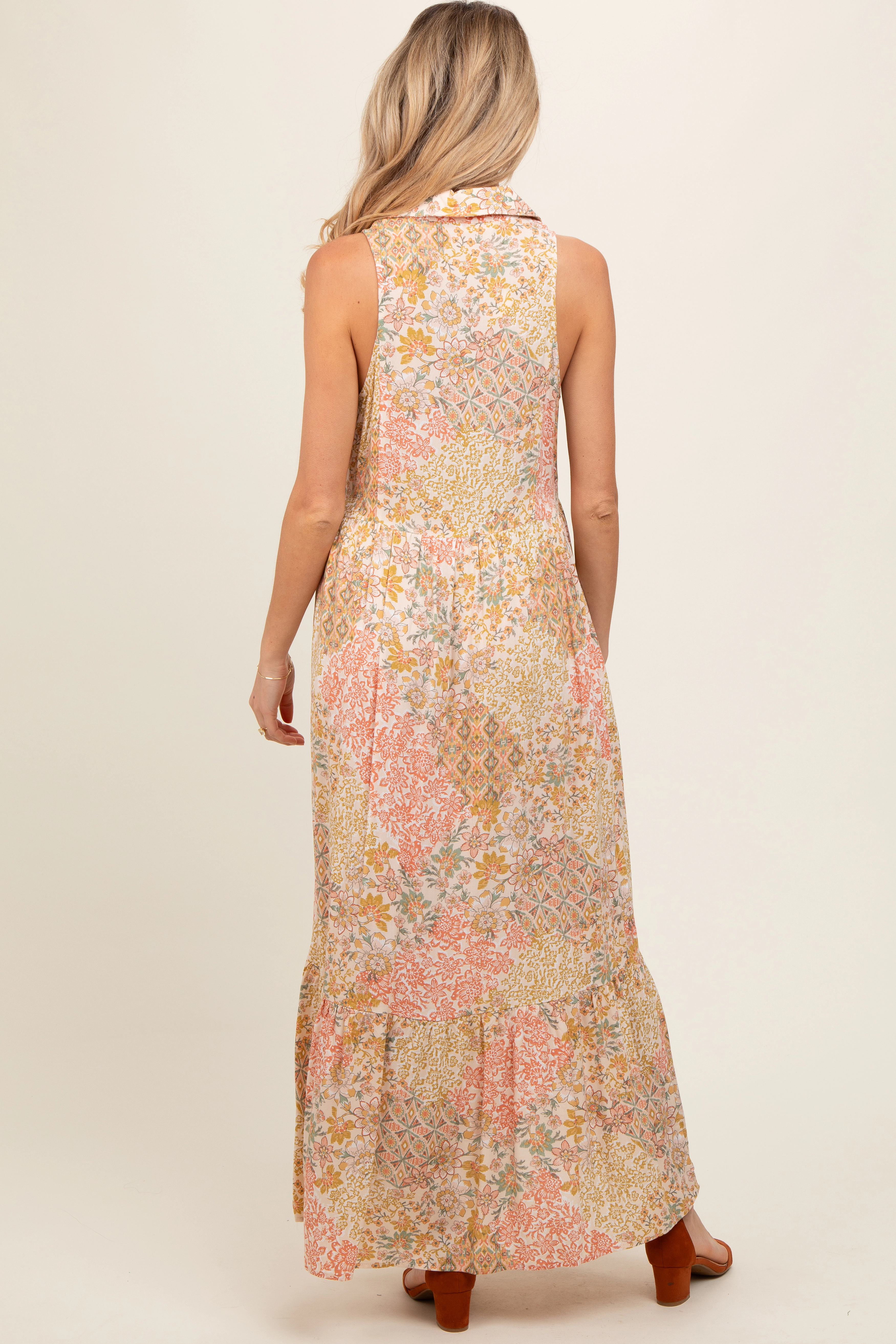 PinkBlush Womens Peach Floral Sleeveless Button Tiered Collared Maternity Maxi Dress