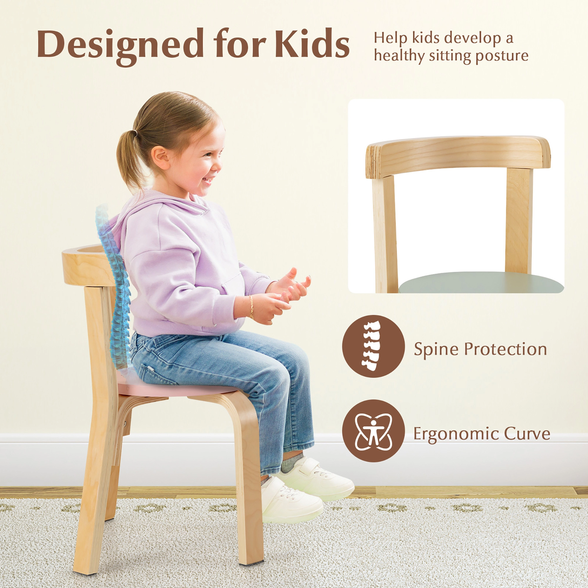 5-Piece Kids Table and Chairs Set Wooden Toddler Activity Table with 4 Curved Back Chairs and 15 Toy Building Natural