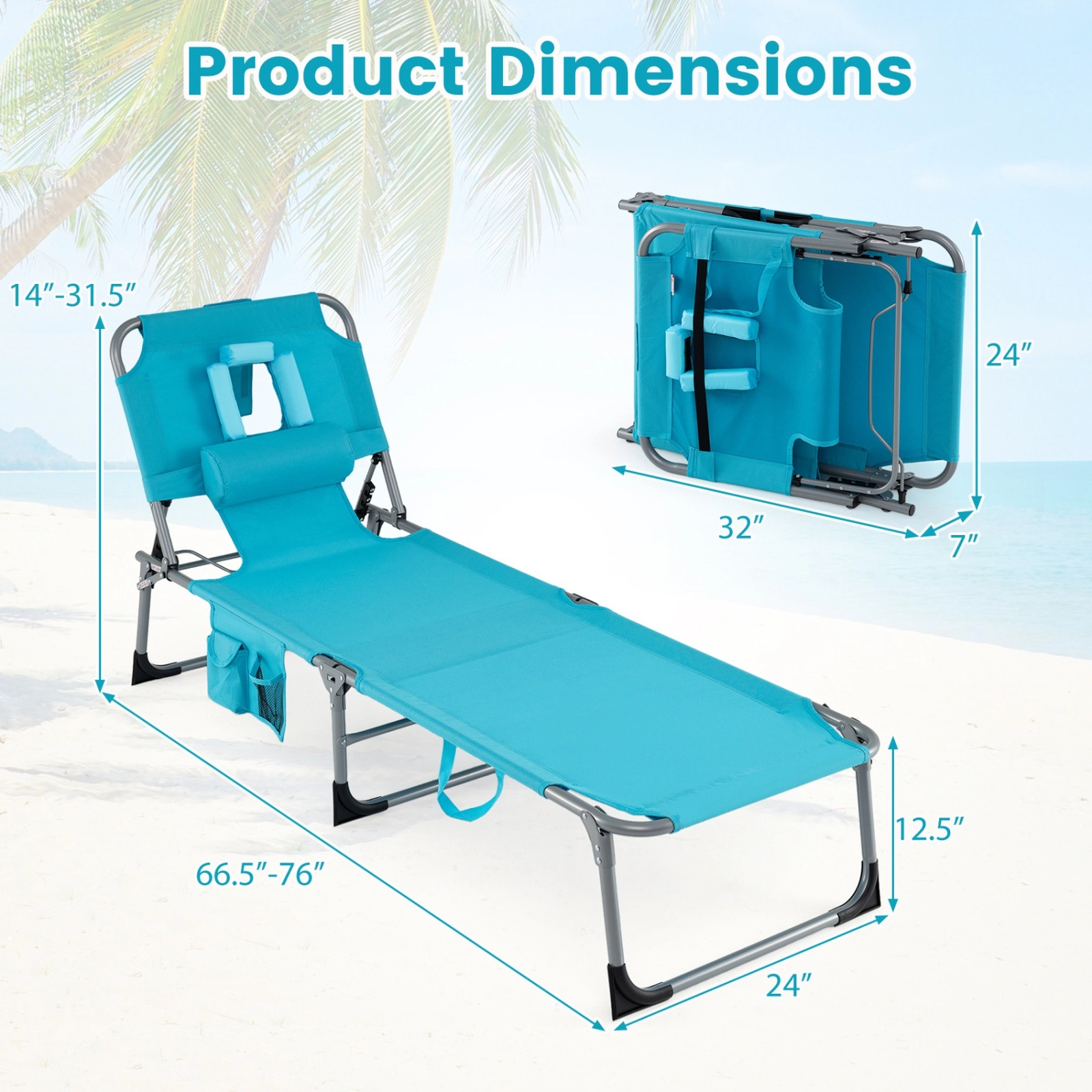 SUGIFT Face-Down Tanning Chair, Folding Reclining Lounge Chair with Face and Arm Slots, Pillow, Pockets, Turquoise