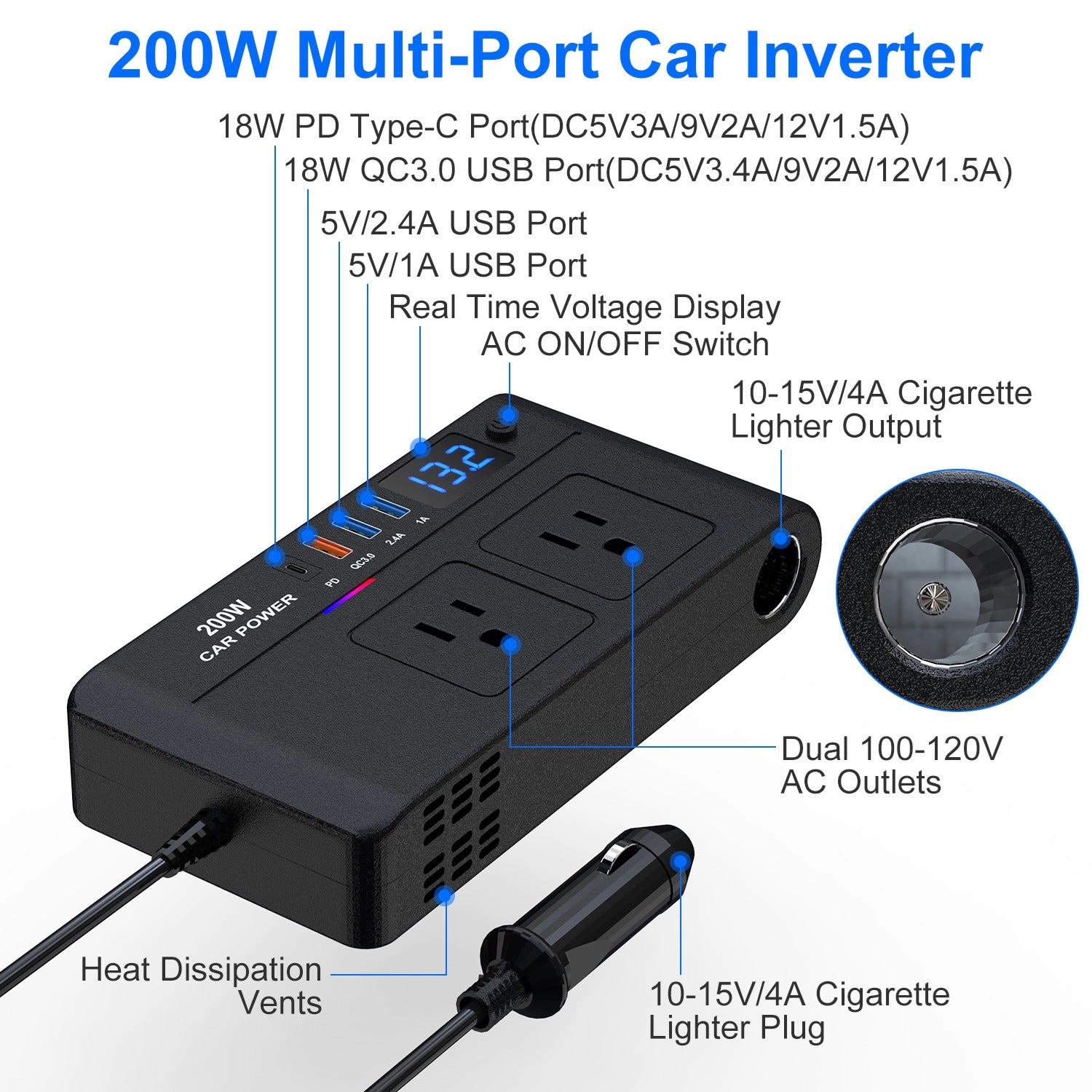 GBruno 200W Car Power Inverter DC 12V To AC 110V