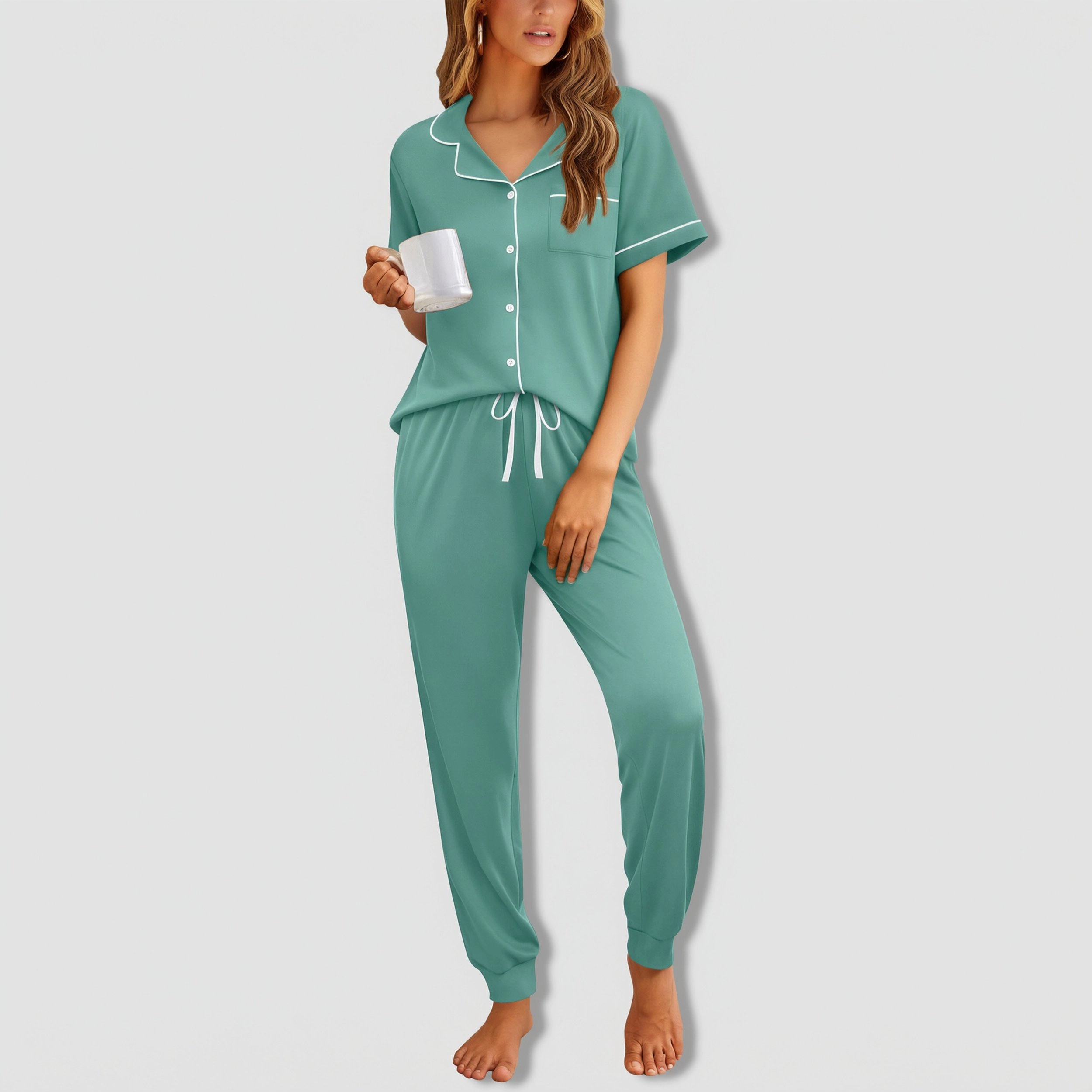 Ekouaer Women Pajama Set Short Sleeve Button Down Pjs Soft Comfy Sleepwear Nightwear with Jogger