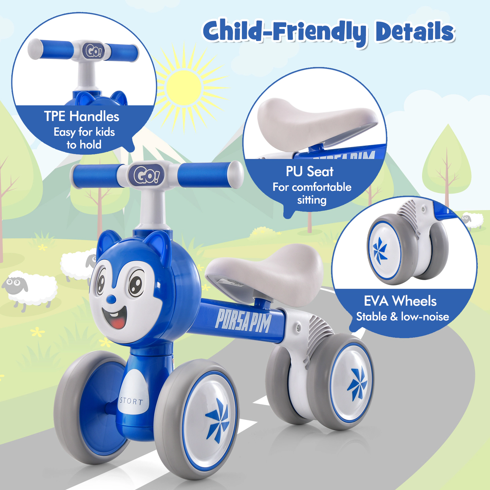 Baby Balance Bike 4 Silent EVA Wheels and No Pedals 10-36 Months Carbon Steel Frame and Soft Seat Blue Toddler Balance