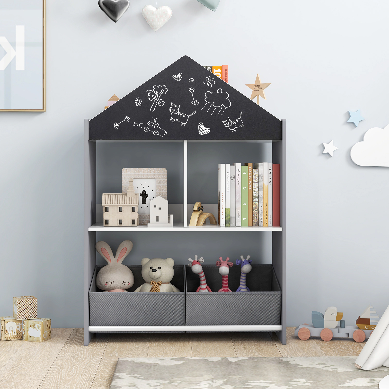 SUGIFT 35.5-in Playhouse Kids Bookshelf and Toy Storage Organizer with Chalkboard Whiteboard and Anti-Tipping Device