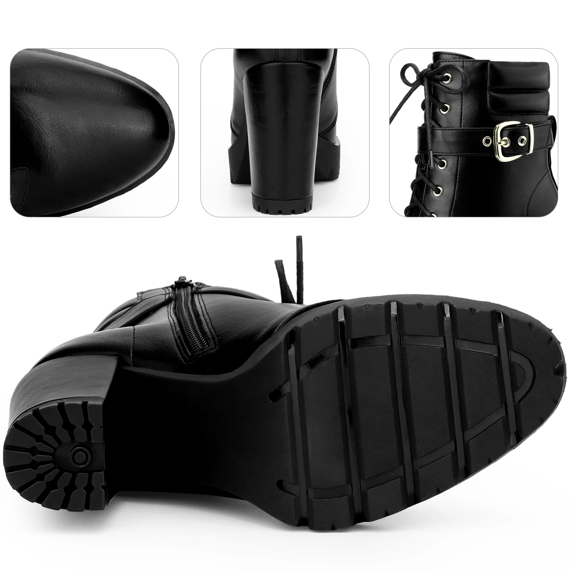 BLISSFUL STEP Women's Platform Lace Up Chunky Heel Buckle Ankle Combat Boots