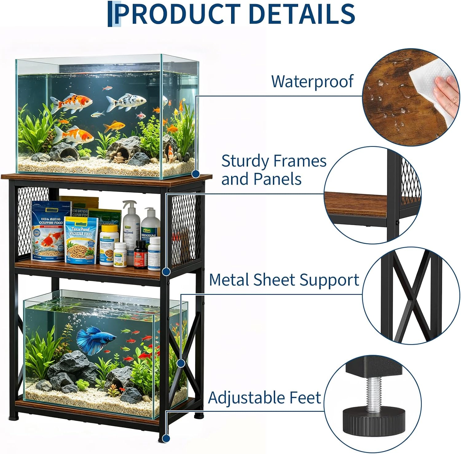 10 Gallon Aquarium Stand, 3-Tier Metal Wood Fish Tank Holder with Storage Shelves