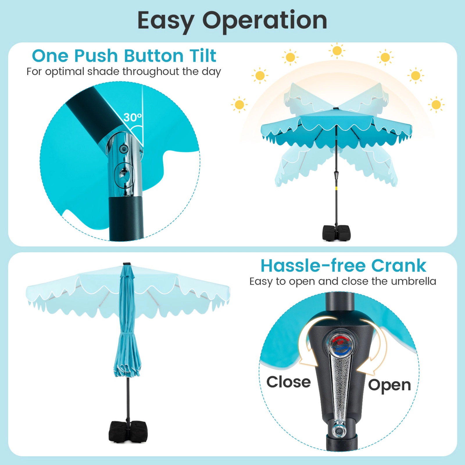 SUGIFT Turquoise 9 ft Outdoor Patio Umbrella with 32 Solar LED Lights and Sandbags