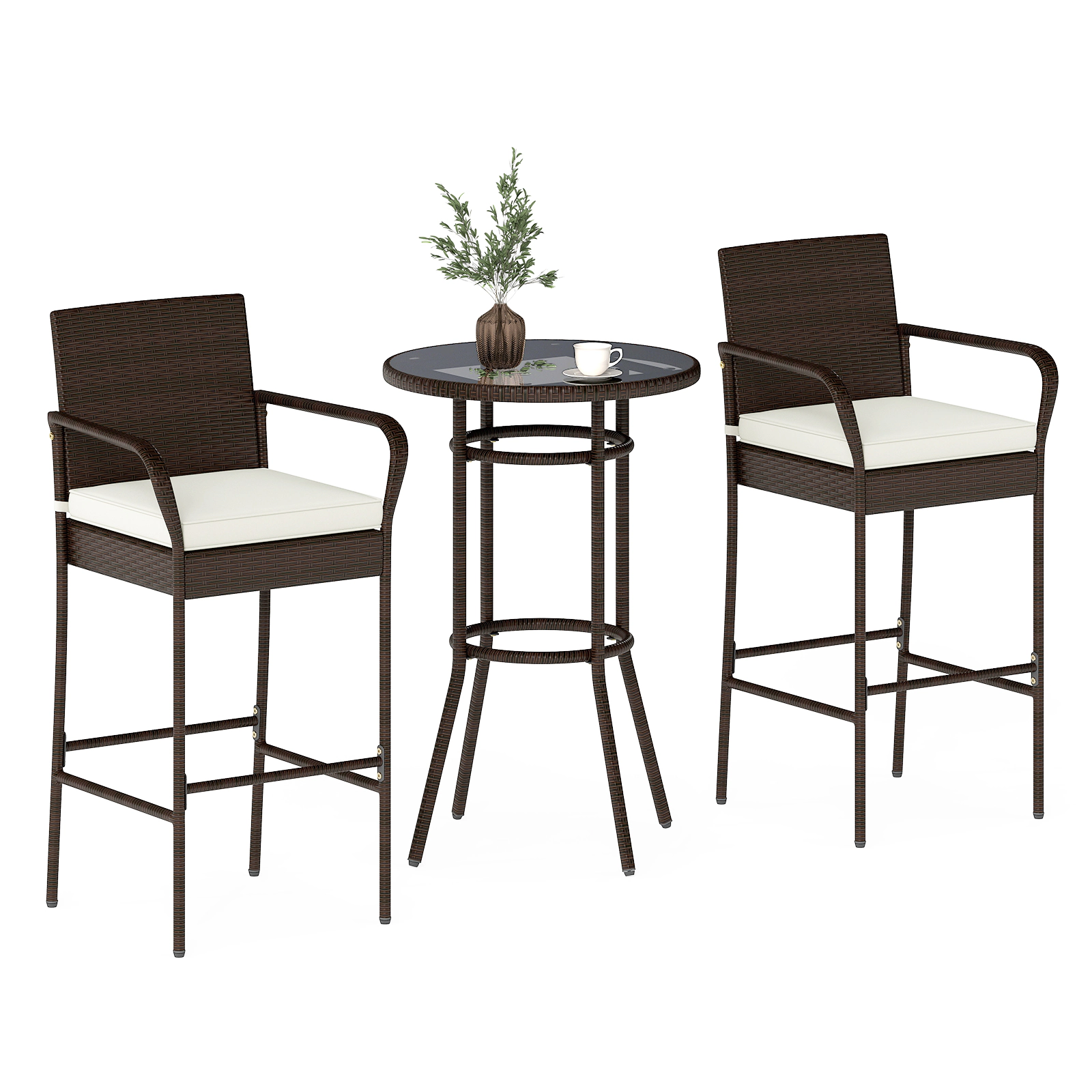LJG Patio Rattan Bar Height Table and Chairs with 2 Seat Cushions for Porch
