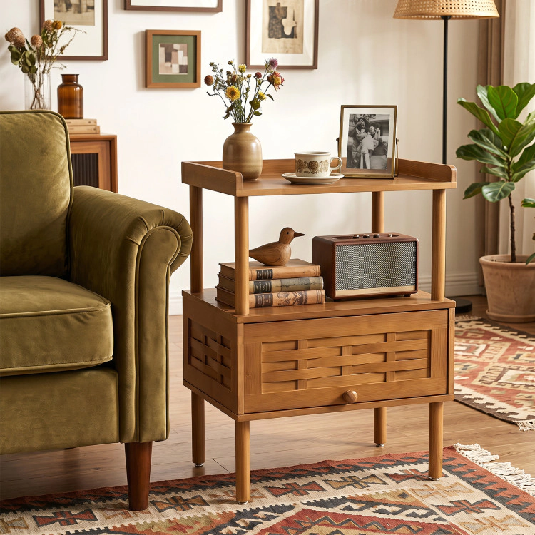 Hivvago Bamboo Rattan Nightstand With Raised Edge Flip-Up Door And Open Shelf