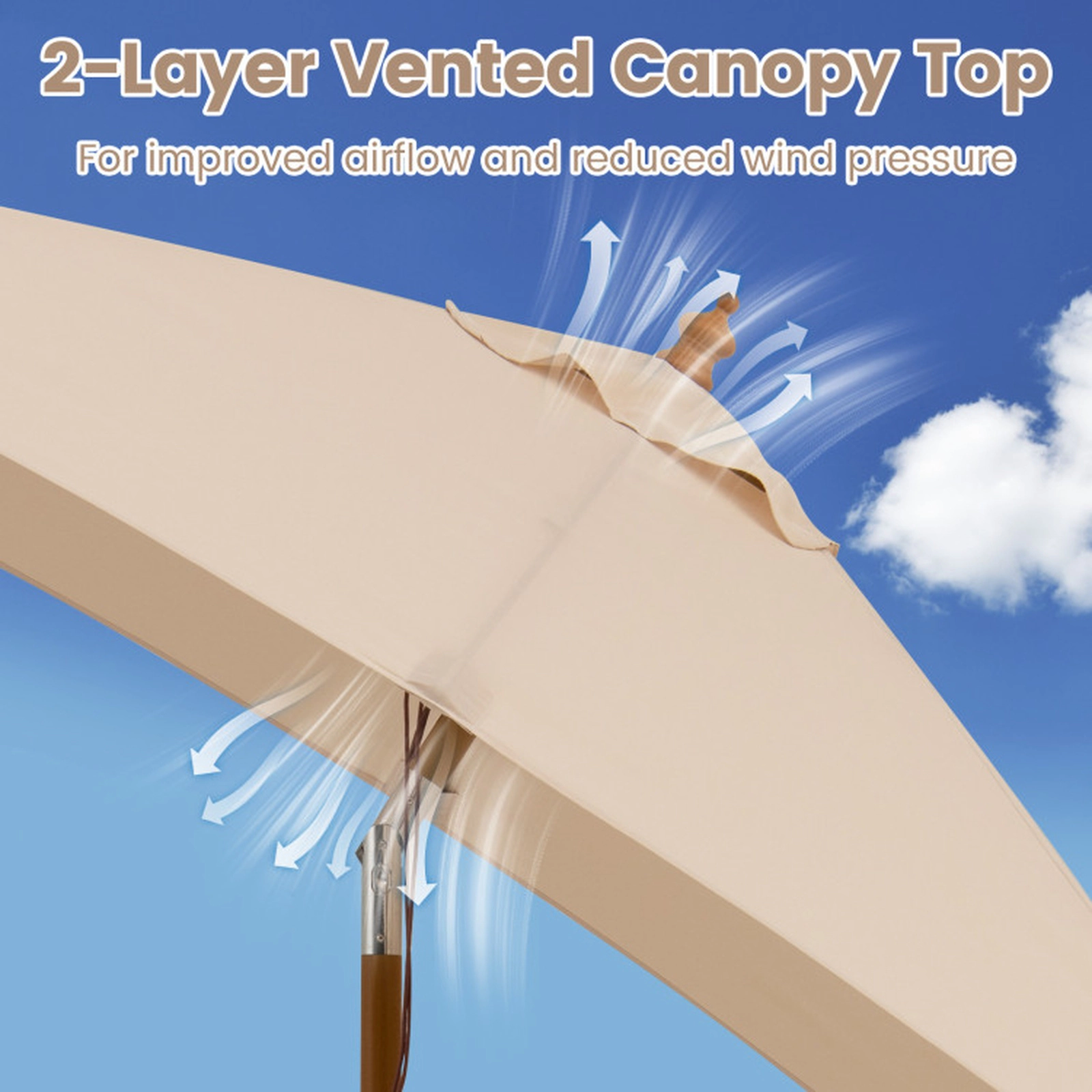 SUGIFT Beige Wooden Pole Push Button Tilt and 3 Heights 7 FT Rectangular Patio Umbrella