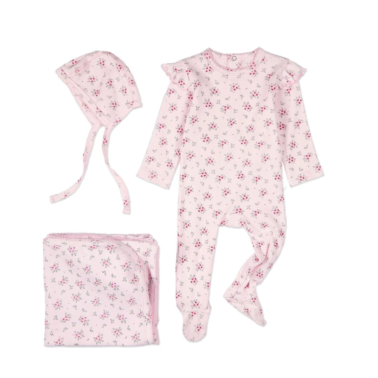 MeMoi 3 Piece Baby Girls Mini-Ribbed Cotton Rich Ruffled-Sleeve Floral Footie Set
