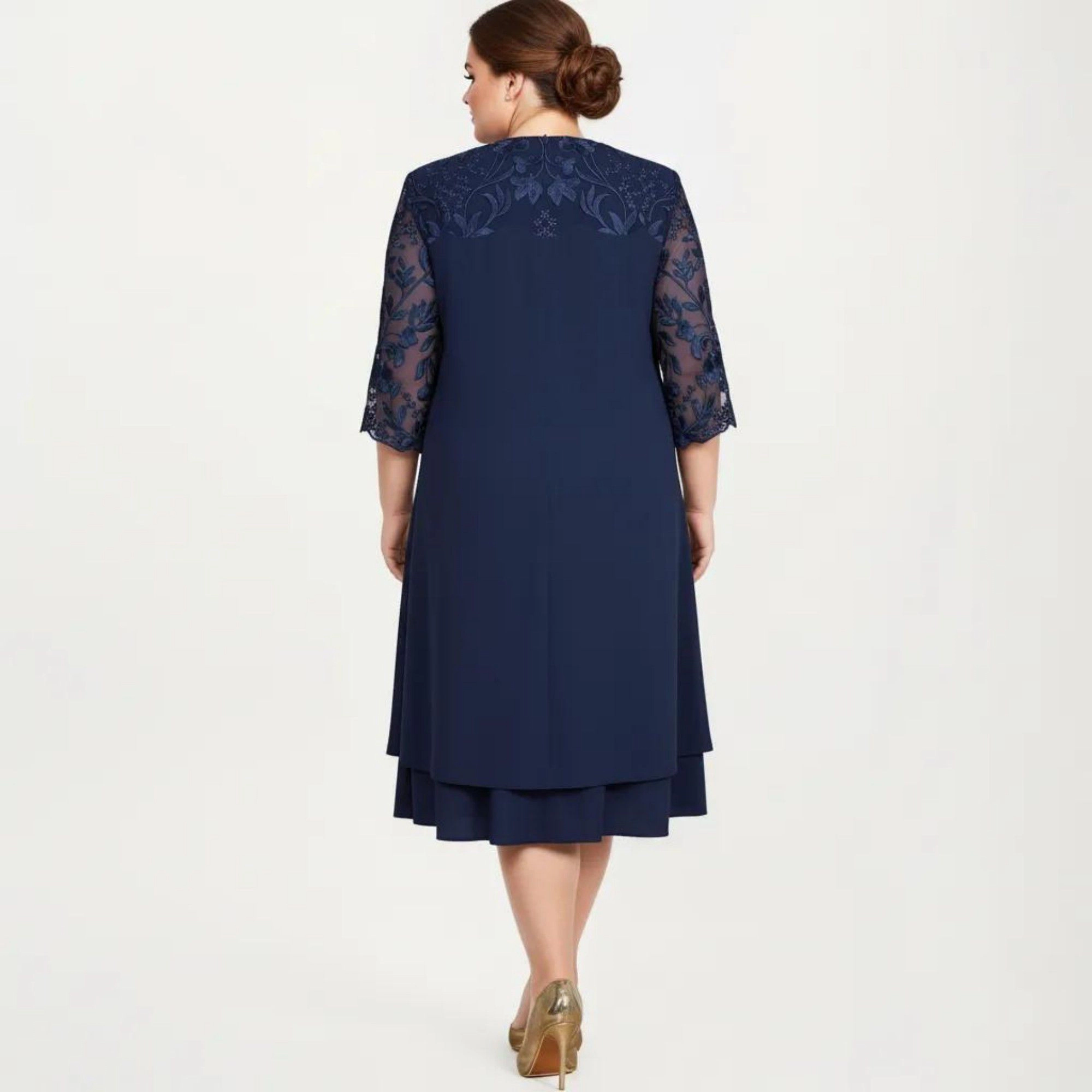 Anna-Kaci Women's Plus Lace Yoke Sheer Sleeve Detail Layered Hem Flowy Elegant Midi Dress