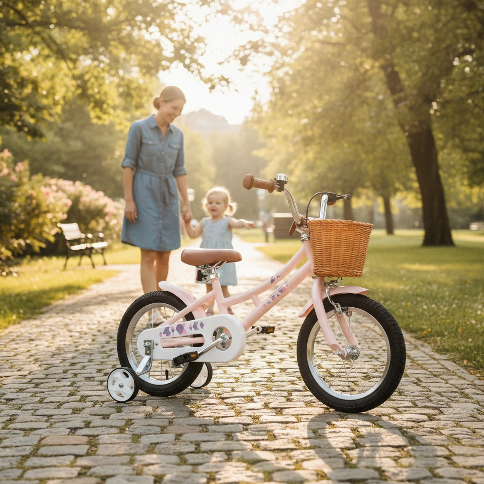 14-in Retro Kids Bike Splash Fenders Removable Basket 5-Layer Anti-Puncture Tires Training Wheels Bell Ages 3-5 Pink