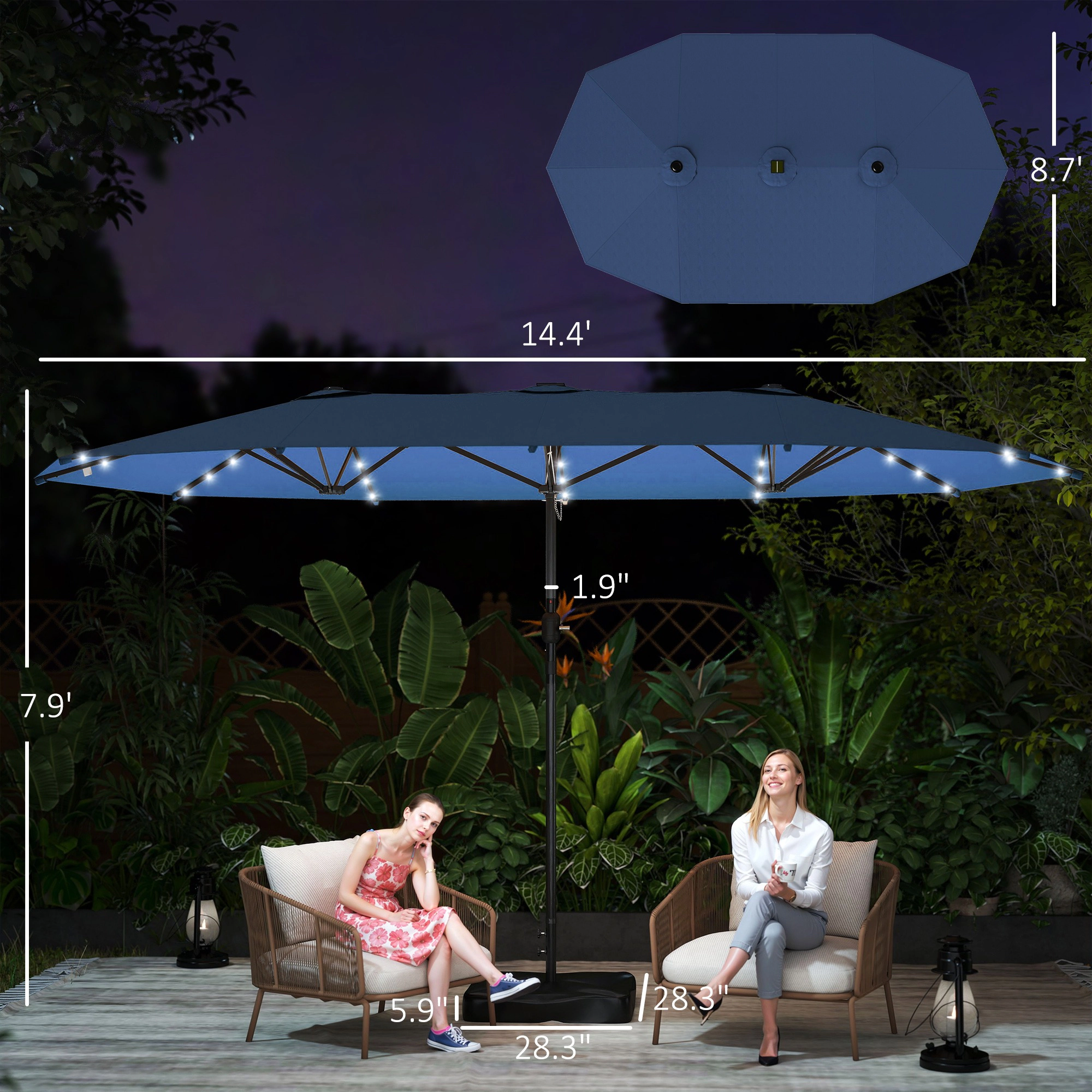 HONGGE Garden Parasol 14.4ft Double-Sided Sun Umbrella with Base Patio LED Solar Lights