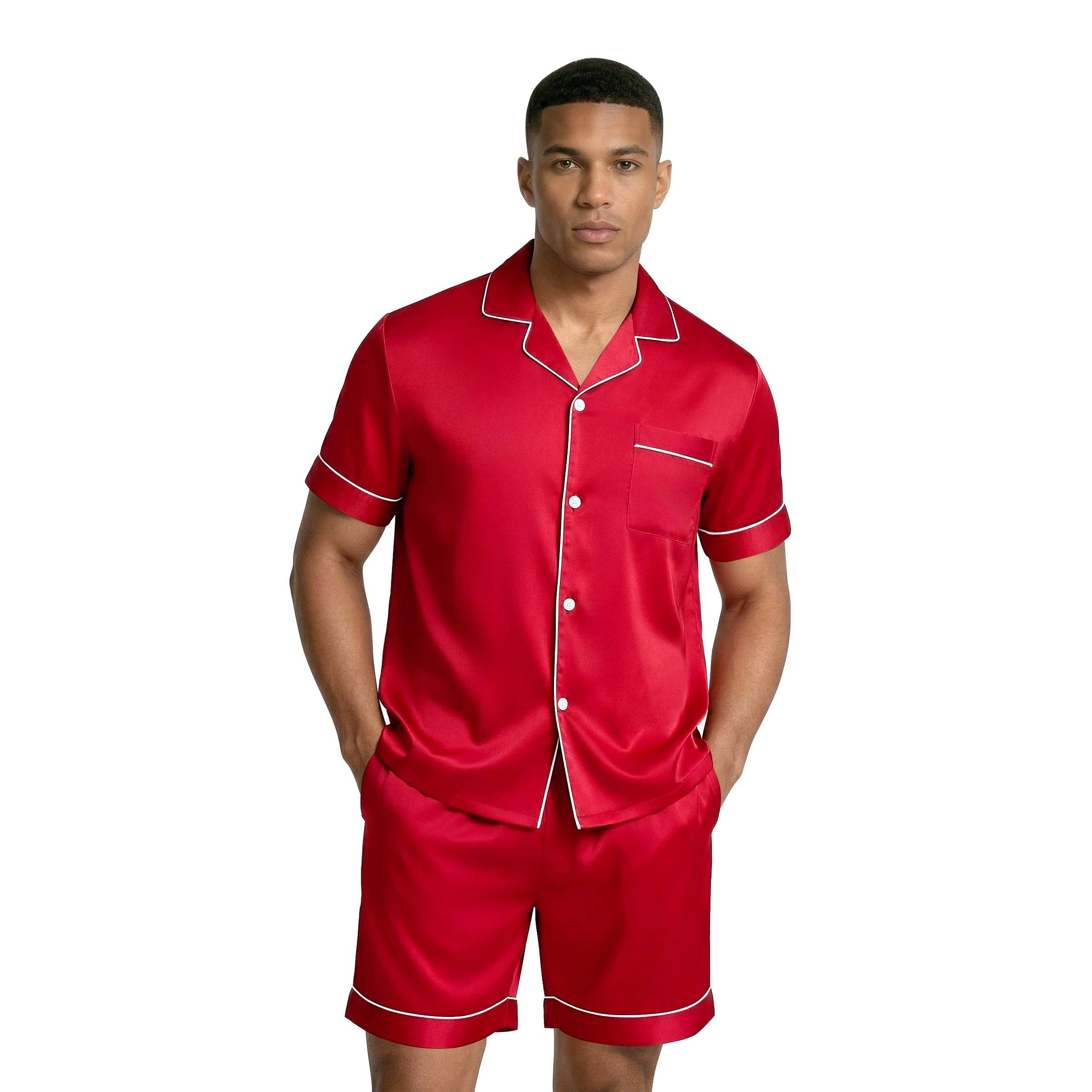 Ekouaer Satin Pajamas, Mens Short Sleeve Button Up Silk Lounge Set with Pockets