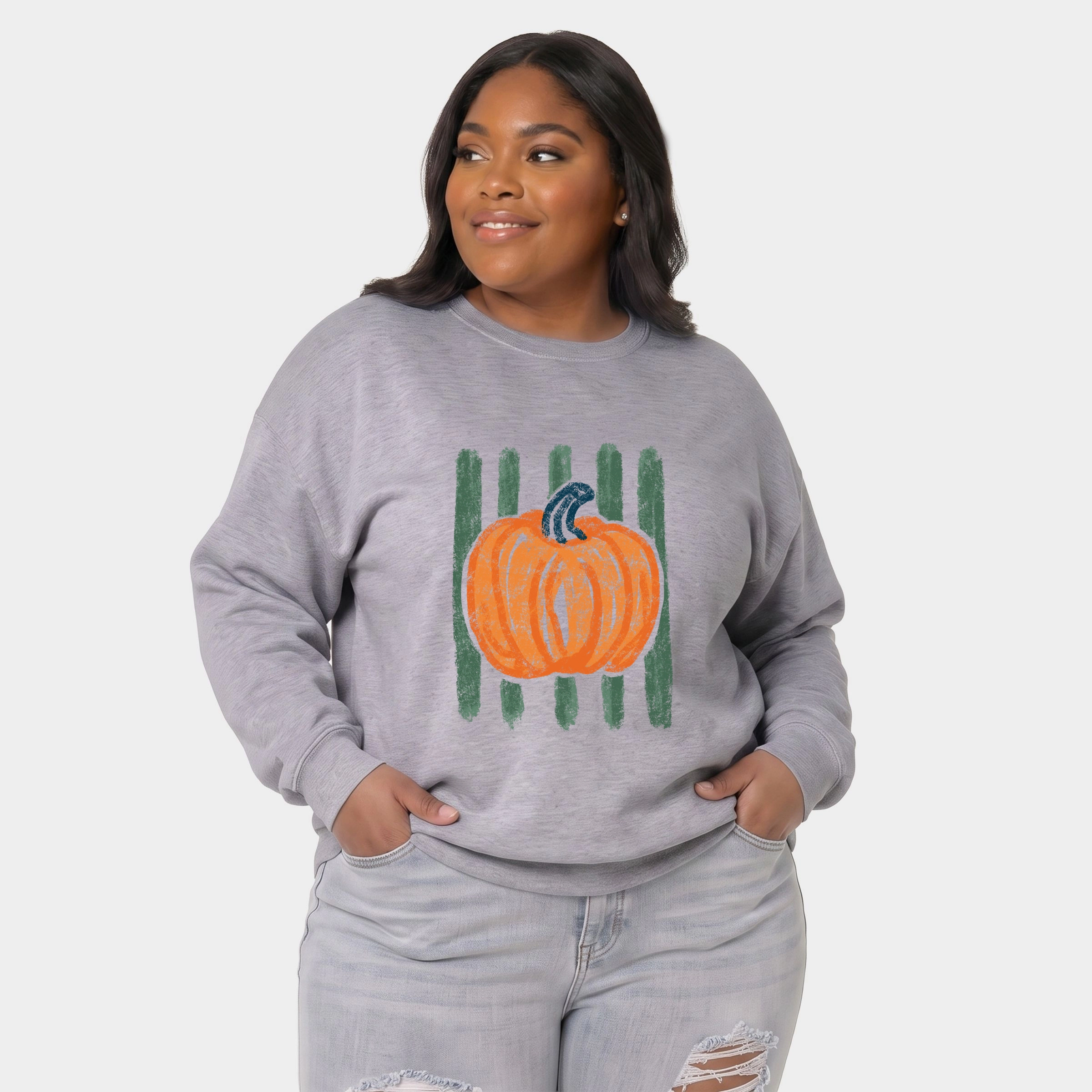 Simply Sage Market - Women's Plus Sized Graphic Sweatshirt Distressed Pumpkin Stripes