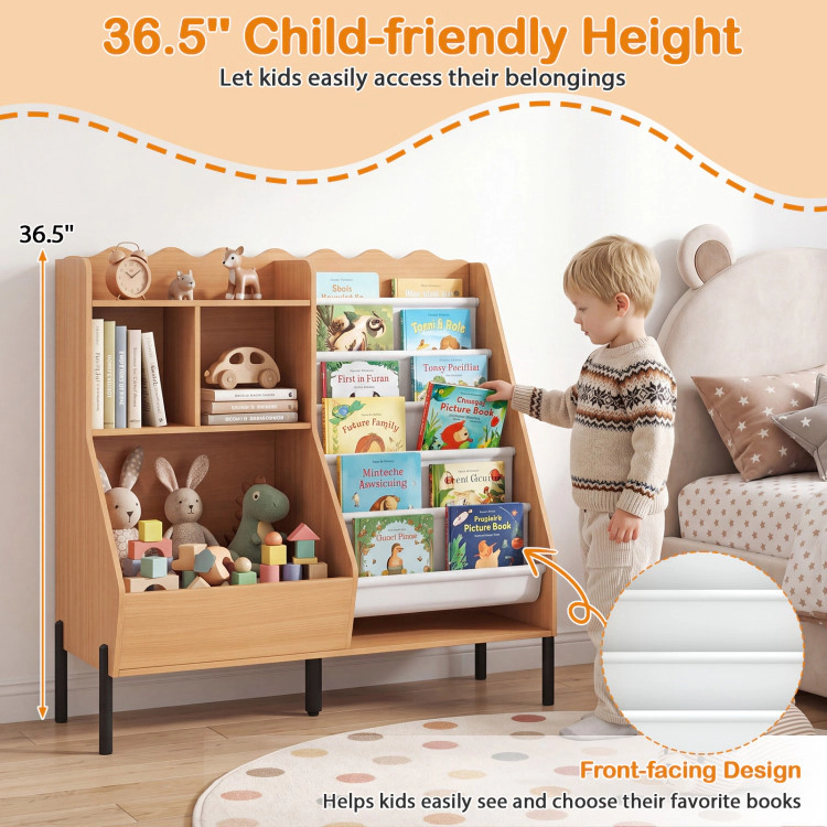 Hivvago Kids Bookshelf and Toy Storage Organizer Wooden Bookcase with 5 Fabric Pockets