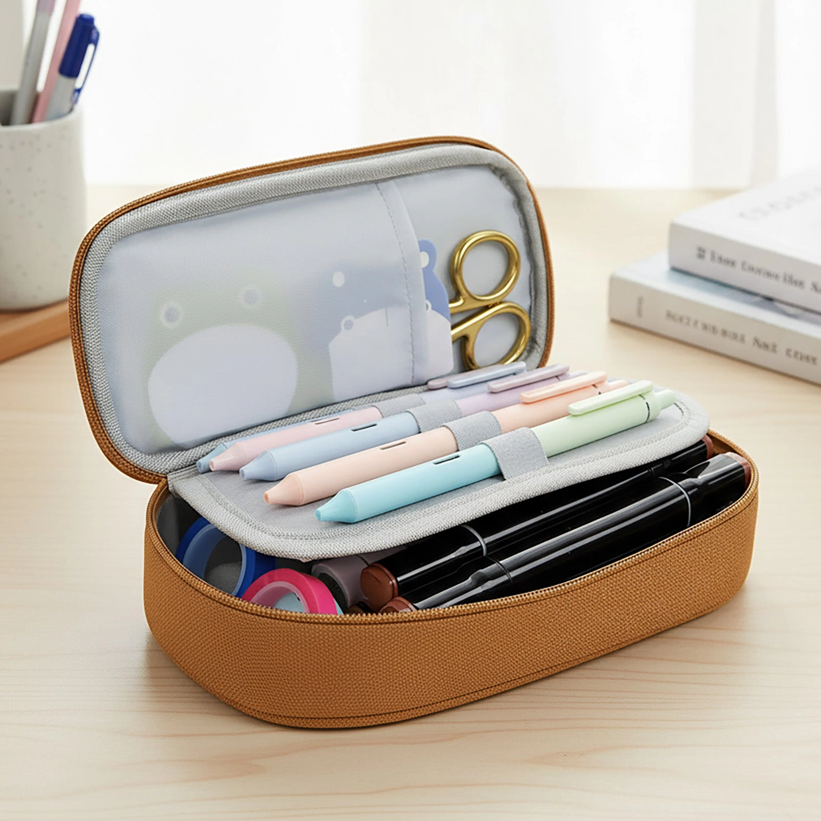 Wrapables Large Capacity Double-Compartment Pencil Case, Khaki