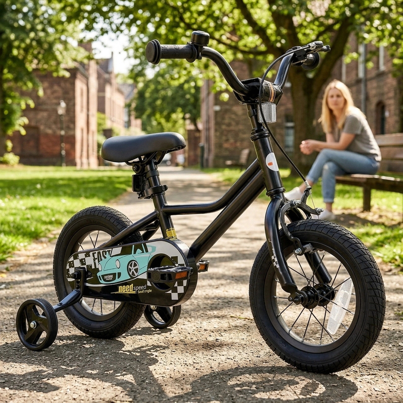 12-in Kids Bike Low-Step Frame Removable Training Wheels Ages 3-4 Black Bicycle Hand Brake Bell 100-lb Seat Capacity
