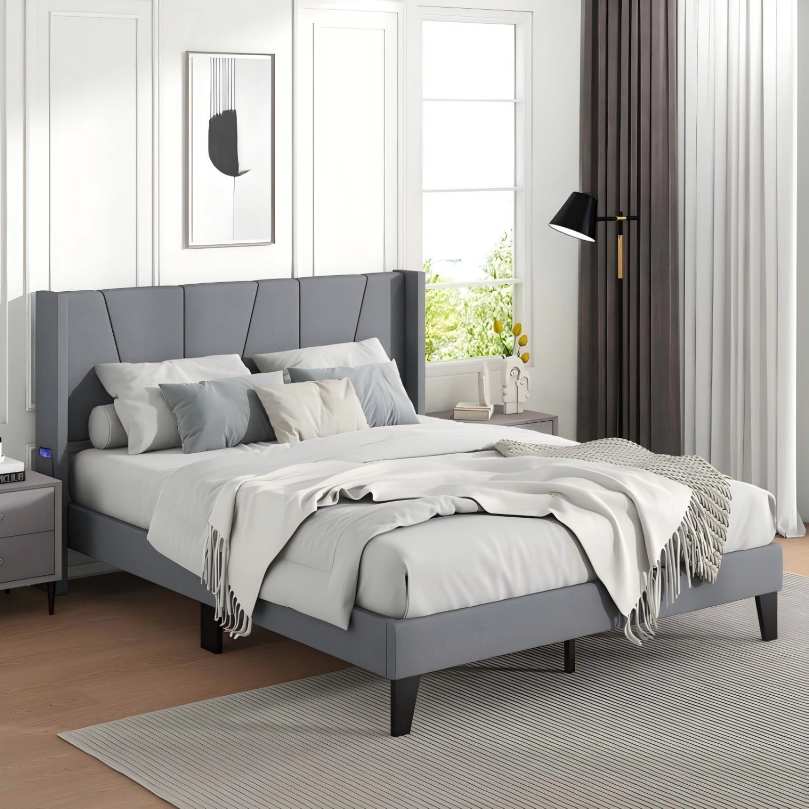 SUGIFT Gray Wingback Headboard and Wood Slat Support Queen Size Upholstered Bed Frame
