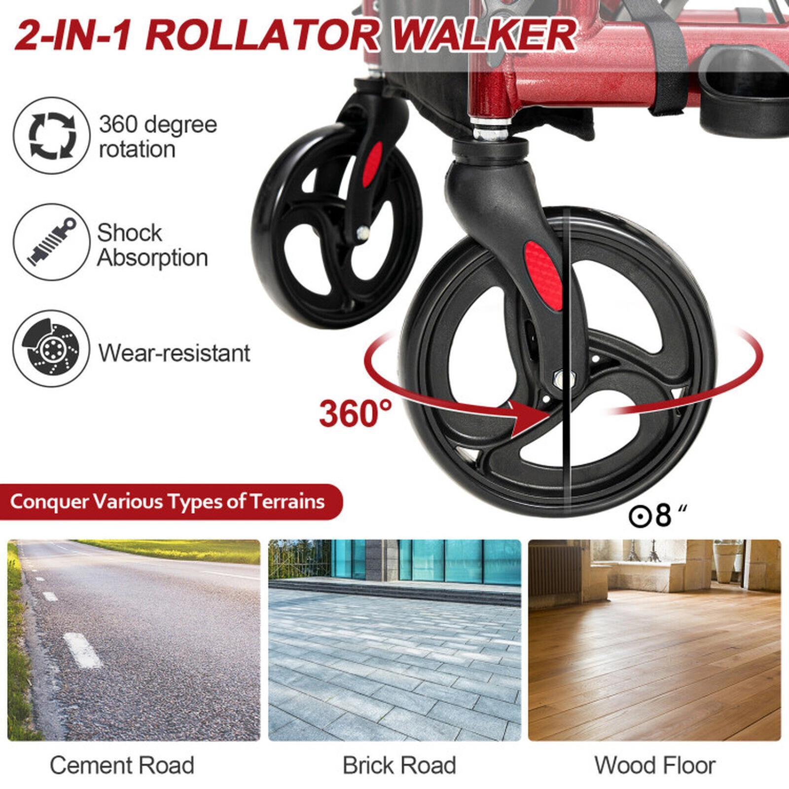 SUGIFT Red Folding Rollator Walker with Padded Seat and 8-in Wheels 41-in W 25-in D 39-in H 350-lb Seat Capacity