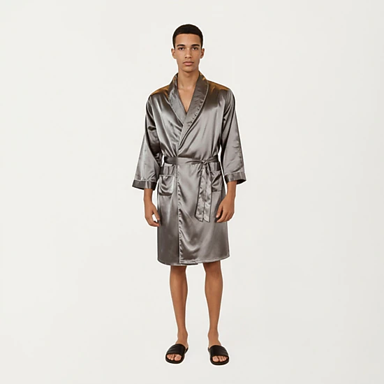 Anna-Kaci Men's Satin Robe with Shawl Collar Waist Tie and Front Pockets