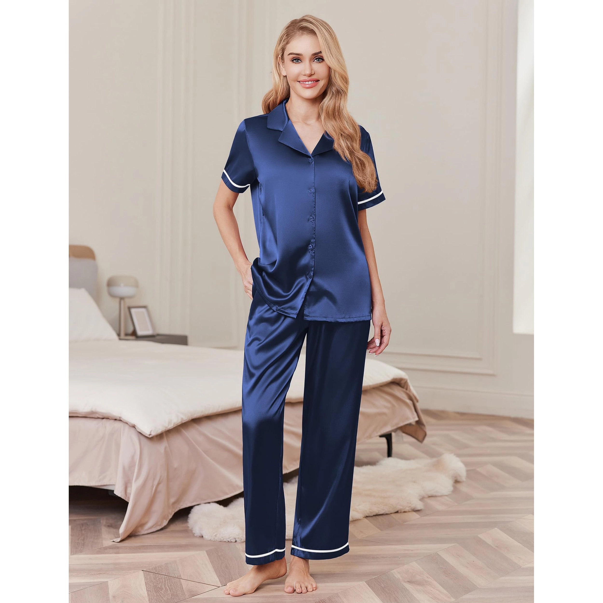 Ekouaer Women's Notch Collar Short Sleeve Satin Pajamas Set