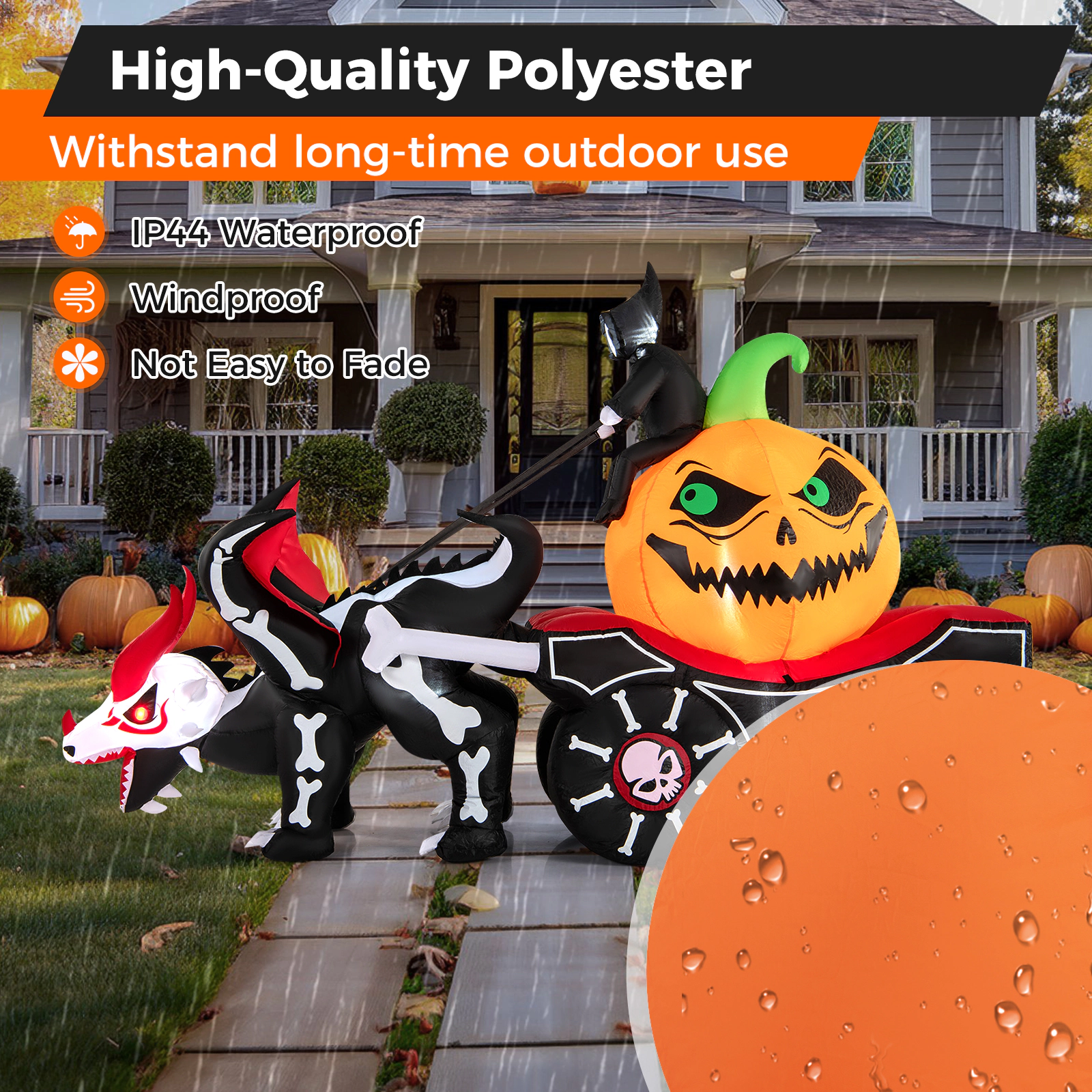 LJG Halloween Inflatable LED Lighted Carriage with Pumpkin and Skeleton Dragon