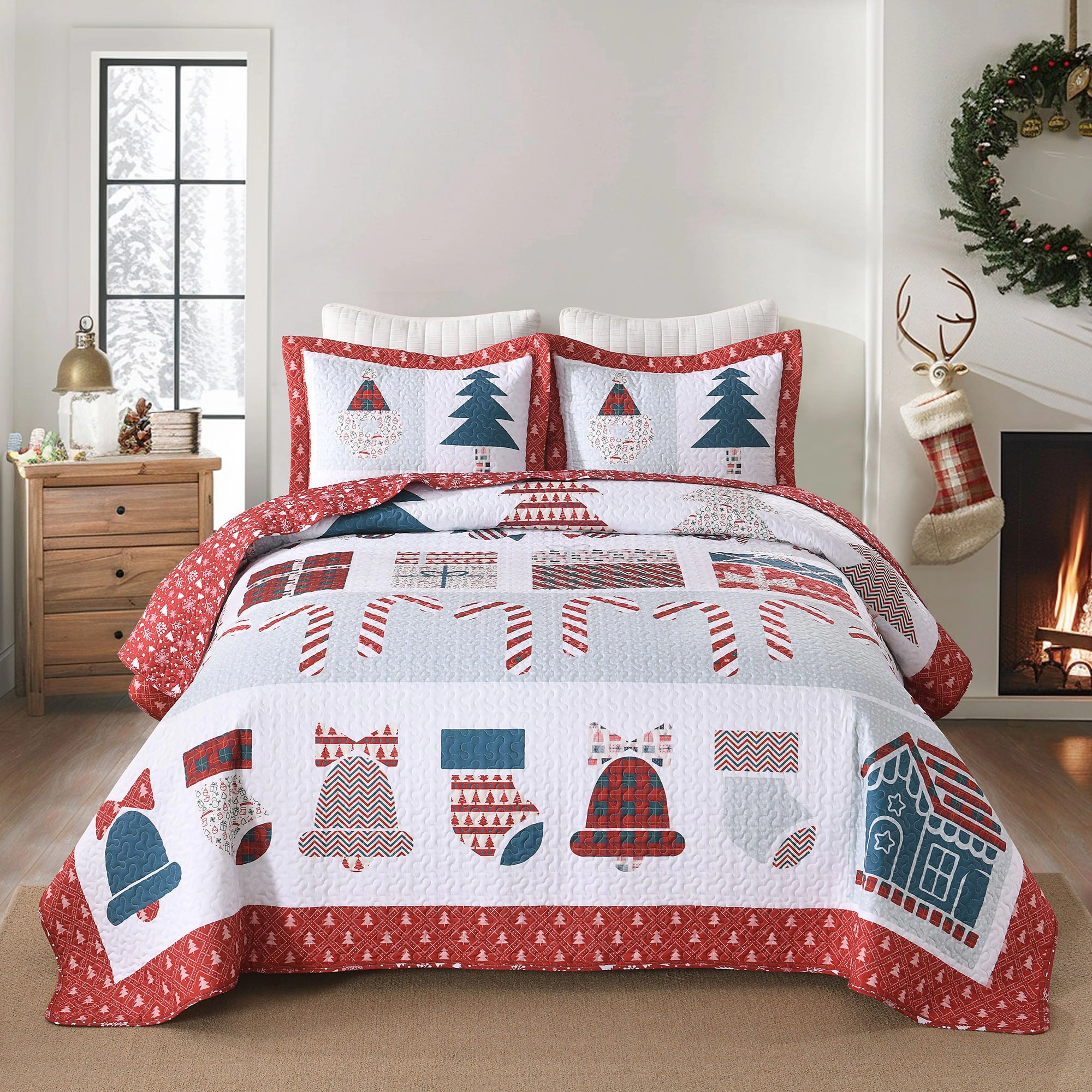 MarCielo 3 Piece Christmas Holiday Quilt Bedspread Set,Soft Reversible Bedding Set