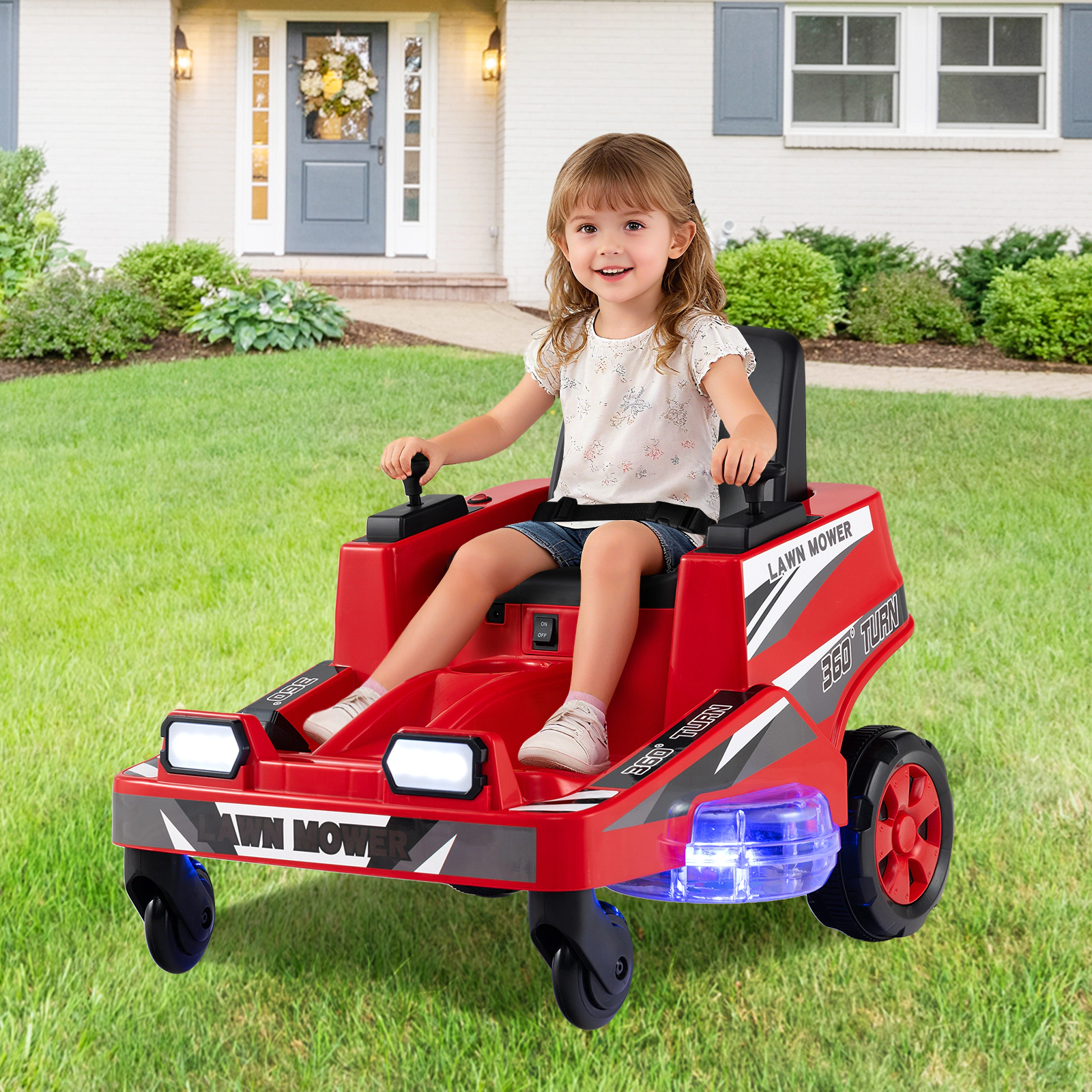 12V Kids Lawn Mower Dual Control Sticks 360-Degree Turn and LED Light-Up Deck for Ages 3-8 Battery Powered Ride On Toy